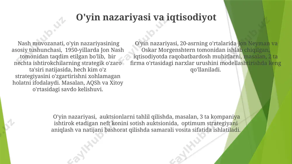 alar 2000-yillardan boshlab aqsh va yevropa ittifoqida o'tkazilgan empirik tadqiqotlar, auksionlarni modellashtirishda o'yin nazariyasi modellari samaradorligini 85% gacha ko'targanligini ko'rsatdi. germaniyadagi bir qator empirik ishlar, 30 dan ortiq korxona o'rtasidagi oligopoliya bozorlarida, cournot modeli asosida narx belgilanishini bashorat qilishda 70% aniqlikka erishganligini ko'rsatdi. xitoyda 2015-yilda o'tkazilgan tadqiqot, nash muvozanatini qo'llagan strategik o'yinlar modelini qo'llash orqali, transport tarmoqlarini optimallashtirishda 15% ga samaradorlikni oshirish imkoniyatini ochib berdi. e'tiboringiz uchun rahmat @taqdimot_robot