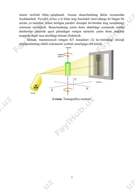 abul qilishning konusli va parallel geometrik sxemalari. 4-rasm. tomografiyaning ikki o‘lchovli masalasida tasvirlar to‘plamini qabul qilishning yarim doira shaklidagi geometrik sxemasi. misol masala yechildimi? · da uchun million noma’lumli sistemaga ega bo‘lamiz. chats ning to‘g‘ri yo‘ldagi yechimi to‘g‘ri kelmaydi. · haqiqiy eksperimentlarda shovqinning paydo bo‘lishi tufayli sistemaning birlashmasligi. · sistemaning yetarlicha aniqlanmaganligi – nurlanish miqdorining kamayishi uchun burchaklar sonini kamaytiramiz, bu esa tenglamalar sonining ham kamayishiga olib keladi. yetarlicha aniqlanmaganlikka misol 5-rasm. noma’lumlar soni tenglamalar soniga nisbatan ko‘p. sistema yetarlicha aniqlanmagan. yechimlar – cheksiz ko‘p. tomografiya masalasini yechish usullari integralli usullar algebraik usullar rekonstruksiya usulining qo‘llanilishigacha integralni yig‘indiga almashtiramiz: , bu yerda - piksellar soni, - har bir proyeksiyadagi nuqtalar soni, - proyeksiya burchaklarining soni, - -chi pikselni -chi nurli yig‘indiga qo‘shilishi. algebraik art usuli iteratsion sxema , bu yerda - relaksatsiyali parametr. - 1 - image2.wmf oleobject2.bin image3.png image4.wmf oleobject3.bin image5.wmf oleobject4.bin image6.wmf oleobject5.bin oleobject6.bin image7.wmf oleobject7.bin image8.wmf oleobject8.bin …