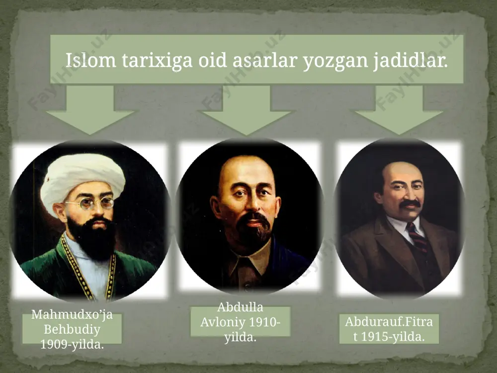 oro, xiva va turkiston general-gubernatorligi kirishi kerak degan fikrni ma’qulladilar. biroq turkistonda 1917-yildagi oktabr voqealari va boshsheviklarning hokimiyatni egallashi jadidlarning o’z maqsadlarini oxirigacha amalga oshirishlariga imkon bermadi. shunga qarama, ular markazi qo’qonda bo’lgan, turkiston muxtoriyati deb atalgan mustaqil muxtor respublika e’lon qildilar. 72 kun yashagan bu muxtor respublika sovet hokimiyati tomonidan tor-mor etildi. natijada jadidlar ta’qibga uchradi va oxir-oqibat, 1937-1938-yillarda qatag’on qurboni bo’ldilar image3.jpeg image4.jpeg image5.jpeg image6.jpeg image7.jpeg image8.jpeg