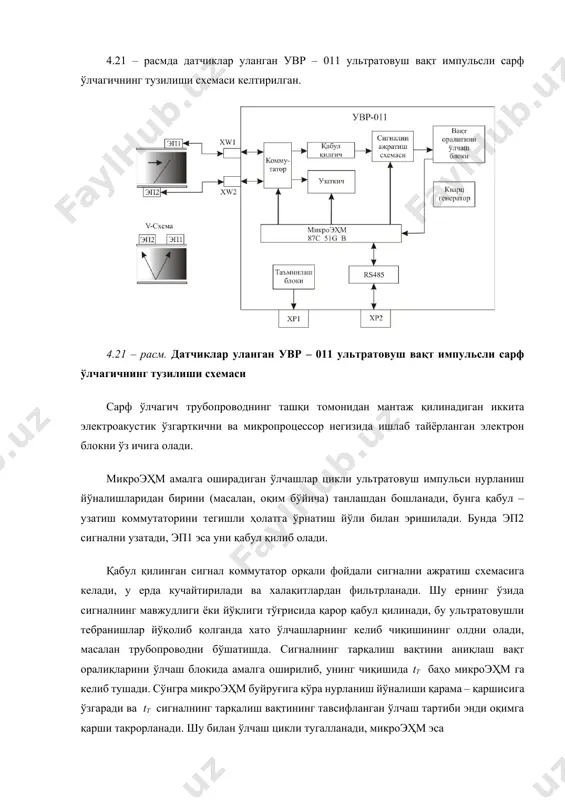 оқимга қарши такрорланади. шу билан ўлчаш цикли тугалланади, микроэҳм эса м3/соат (4.35) ифодага мувофиқ суюқлик сарфининг жорий қийматини ҳисоблайди. бу ерда sg – тезликларнинг профилига боғлиқ бўлган гидродинамик коэффициентига тескари пропорционал бўлган хатолик. датчиклар уланган удр – 011 ультратовушли доплер сарфлагичи асбоб трубопровод (қувур) нинг ташқи томонида жойлашган иккита эп (4.21 – расм) ни ва кварц генеротори, қувват кучайтиргичи, квадратур қабул қилгич (приёмник), фазовий детектор (фд), қабул қилинган сигнал спектрининг оғирлик марказини баҳолаш схемаси билан ҳосил қилинган электрон блокни, шунингдек, микропроцессор негизида ишланган микроэҳм ни ўз ичига олади. мазкур асбобда қабул қилинган сигналнинг квадратур демодуляцияси принципи амалга оширилган бўлиб, у суюқлик ҳаракатининг йўналишини аниқлашга имкон беради. қувват кучайтиргичининг чиқишидан келаётган, w0 частотали узлуксиз тебранишлар билан уйғотиладиган эп1 трубопровод ўқига бурчак остида назорат қилинаётган муҳитга нурланувчи ультратовушли тўлқинни вужудга келтиради. қабул қилинган тебранишлар қабул қилгич (приёмник) ка узатилади. унинг чиқишида доплер частотали квадратур сигнал ажралиб чиқиб, у бир томондан фд га …