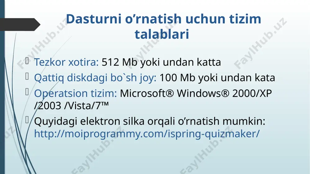 ar qo`shish uchun ro`yxatni oching va введите новый элемент qatoriga cherting va yangi variantni kiriting. to`g`ri javob variant ro`yxatdagi kalit yordamida belgilanadi so`zlar banki (банк слов) matn ichidagi bo`sh o`rinlarga so`zlar bankidagi mos so`zlarni joylashtirish. matn kiriting va bir yoki bir necha so`zlarni bo`sh maydonga aylantiring, maydonlarga to`g`ri variantlarni kiriting. savolga qo`shimcha so`zlar qo`shish mumkin va ular so`zlar bankida joylashgan bo`ladi lekin ular xechqaysi maydon uchun to`g`ri javob so`zi emas. buning uchun ularni qo`shimcha so`zlar (дополнительные слова) ro`yxatiga kiriting. aktiv maydon (активная область) test topshiruvchi markerlar yordamida rasmdagi maydoni belgilashi kerak. rasmni tanlang va unga aktiv maydonlarni qo`shing. bitta rasmda bir necha xar xil formadagi aktiv maydonlar bo`lishi mumkin. bunda quyidagi formalar mavjud «to`g`ri to`rtburchak», «oval», «yarim chiziq». yarim chiziqni chizishni tugatish sichqoncha tugmasini ikki marta chertish bilan yakunlanadi. siz katta o`lchamdagi rasmlar bilan ishlashda maydon kattaliklarini taxrirlashingiz mumkin. buning uchun testlarni taxrirlash panelini yuqori o`ng burchagidagi развернуть tugmasiga cherting. …