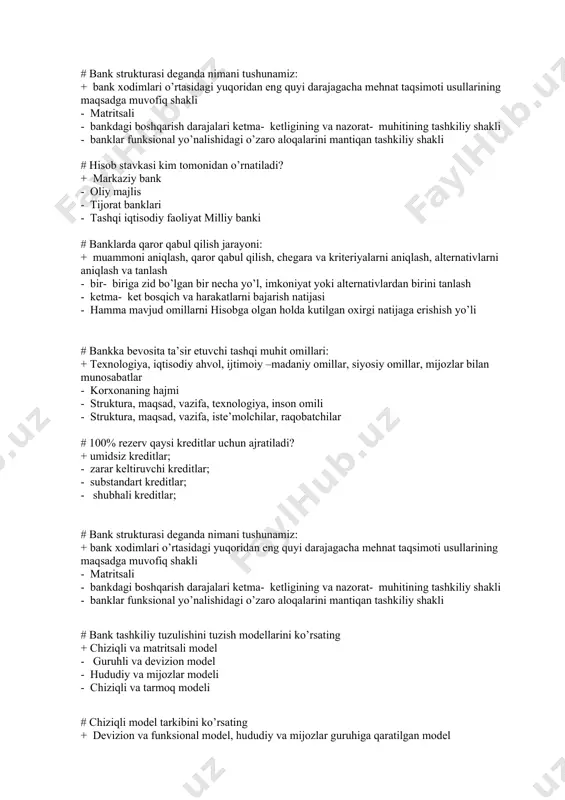 iga qaratilgan modelni ko’rsating + yirik va kichik biznes, chakana va korporativ, jismoniy va yuridik shaxslar - jismoniy va yuridik shaxslar - chakana va korporativ - yirik va kichik biznes # ikki o’rinli matritsali modelni ko’rsating + front offis va bek offis - bosh offis va filial - chakana va korporativ - yirik va kichik biznes # bank strukturasiga ta’sir qiluvchi tashqi omillarni ko’rsating + mijozlar talabi, banklar o’rtasidagi raqobat, bank texnologiyasini o’zgarishi - mamlakat iqtisodiyoti, bank faoliyatini rivojlanishi,bankni oldiga qo’ygan vazifasi - bank xizmatlarini o’zgarishi, banklar o’rtasidagi raqobat, bank texnologiyasini o’zgarishi - markaziy bank qarorlari,mamlakat siyosati, banklar o’ratasidagi aloqalar # bank strukturasiga ta’sir qiluvchi ichki omillarni ko’rsating + bank faoliyatini rivojlanishi, bank vazifalarini oshishi, yangi bank xizmatlariga talab, bank boshqaruvi va boshqarishning sustligi, bank faoliyatini rivojlanishi, bank xodimiga belgilangan vazifani oshib ketishi - bank faoliyatini rivojlanishi, bank xodimiga belgilangan vazifani oshib ketishi - bank boshqaruvi va boshqarishning sustligi - …