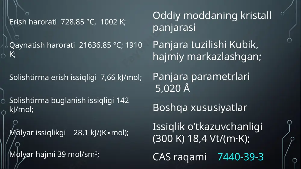 ksidi – bao hamda, bariy nitridi ba3n2 dan iborat aralashma hosil qiladi. sal qizdirilishi bilanoq tezkor alangalanib ketadi. suv bilan juda shiddatli reaksiyaga kirishadi va bariy gidroksidi ba(oh)2 hosil qiladi: ba + 2h2o → ba(oh)2 + h2 issitilganda vodorod bilan reaksiya ketib bariy gidrid hosil qiladi: ba + h2 → bah2 qizdirilganda amaykbiln reaksiyaga kirishadi: 6ba + 2nh3 → 3bah2 + ba3n2 bariyning aksariyat tuzlari suvda yaxshi erimaydi, yoki, umuman erimaydi. lekin, kalsiy sulfid (cas) dan farqli ravishda, bariy sulfid bas suvda yaxshi eriydi. bariyning suvda eriydigan tuzlari orqali, eritmada oltingugurt kislotasining mavjudligini aniqlash mumkin. bariy galogenlar bilan yaxshi reaksiyaga kirishadi va galogenidlar hosil qiladi. vodorod bilan qizdirilganda, bariy gidrid bah2 hosil qiladi va o‘z navbatida, u litiy gidrid lih bilan qo‘shilib, li[bah3] kompleksi yuzaga keltiradi. bariy orqali, ko‘plab metallarning oksidi, galogenidi va sulfididan, metallning o‘zini tiklab olish mumkin. хлори́д ба́рия (хлoристый барий, в просторечии - барий солянокислый, химическая формула …