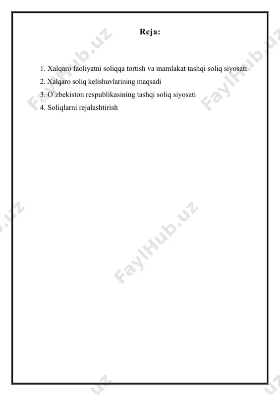 ratini oshiradi. xalqaro soliqqa tortish amaliyotini o’rganish - busuveren davlatlardagi soliq huquqlarini muvofiqlashtirishni o’rganishdir. har bir mamlakatda soliq yurisdiktsiyasini kengaytirish va uni muxofaza etish, shuningdek, tovar, xizmat va kapitalni eksport qiluvchilarga soliq imtiyozlari berish bilan bog’liq tadbirlarning umumiy yig’indisi mamlakatning tashqi soliq siyosati deyiladi. ushbu siyosatning qaysi tomonga yo’nalishi muayyan vaziyatdan kelib chiqadi. u byudjet daromadlarini oshirish nuqtai nazaridan yoki eksportni qo’llab-quvvatlash maqsadidan kelib chiqishi mumkin. ammo, shu narsani yoddan chiqarmaslik lozimki, bu sohada manyovrlashtirish imkoniyatlari ancha chegaralangan: yuqorida aytilganidek, hech bir mamlakat o’z fukarolari yoki kapitali uchun boshqa mamlakatdan, mahalliy aholiga qo’llanilayotgan soliqqa tortishga nisbatan imtiyozlirok bo’lgan tartibni talab qilishga xakli emas. xuddi shuningdek, hech bir mamlakat o’z hududida faoliyat yuritayotgan xorijiy fukaro va shaxslarga, soliq yukini mahalliy aholidan keskin farq qiluvchi nisbatlarda oshirishga xakli emas. bunday holatning yuz berishi, mazkur mamlakatning xorijiy bozorlaridagi faoliyatiga nisbatan ham xuddi shunday chora-tadbirlar qo’llanilishiga olib kelishi mumkin. hozirgi kunda, mamlakat soliq yurisdiktsiyasining …