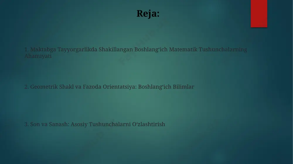 moslashtirilgan vazifalarni, masalan, 3 ta murakkab va 2 ta sodda vazifani tayyorlash, o'quv jarayonini samaraliroq qiladi. individual yondashuv va differensiatsiyani birgalikda qo'llash orqali kamida 70% bolalarda matematikaga bo'lgan qiziqishni oshirish va sanoqni 20 gacha o'rganish tezligini 2 barobarga oshirish mumkin. muammolarni yechish koʻnikmalarini rivojlantirish muammolarni yechishda 5-7 yoshli bolalarda mantiqiy fikrlashni rivojlantirish, sodda matematik amallarni (qoʻshish, ayirish) 2-3 son bilan bajarish koʻnikmalarini shakllantirish muhim ahamiyatga ega. muammolarni turli usullar bilan (rasm chizish, predmetlar bilan amallar bajarish) yechish bolalarning muammo hal qilish strategiyasini rivojlantiradi va 4-5 ta shartli masala shartlarini tahlil qilish qobiliyatini oshiradi. boshlangʻich matematik tushunchalarni shakllantirishning ahamiyati boshlangʻich sinfga tayyorgarlikda sonlarni 1 dan 10 gacha sanash, qoʻshish va ayirish amallarini tushunish, geometrik shakllarni (aylana, kvadrat, uchburchak) bilish kabi asosiy matematik tushunchalarni egallash juda muhimdir. boshlangʻich matematik tushunchalarni shakllantirish mantiqiy fikrlashni, muammo hal qilishni va mustaqil oʻylashni rivojlantiradi, bu esa maktabdagi oʻqishga muvaffaqiyatli moslashish uchun juda muhimdir. ota-onalarning roli va …