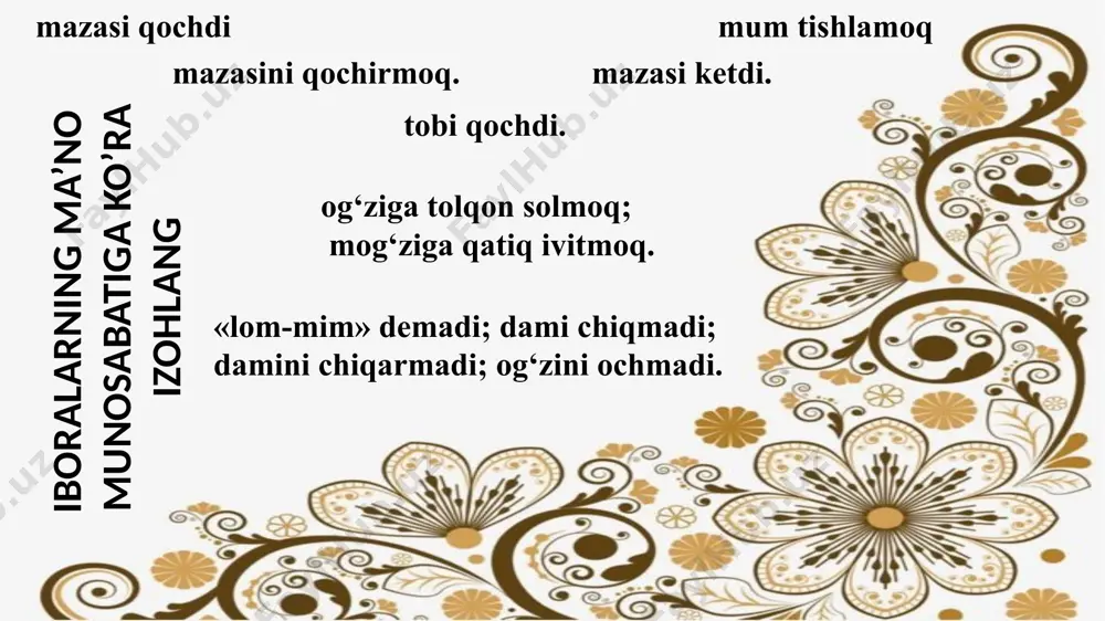 a kesimlar tarkibida qo'liangan shaxs-son qo'shimchalaridagi har xillik gap mazmunida mantiqiy chalkashlikning yuzaga kelishiga sabab bo'lgan. birinchi sodda gapning kesimi (qutlaymiz) i shaxs ko'plik shaklida bo'lgani holda ikkinchi sodda gapning kesimi i shaxs birlik shakli (chaqiraman) da ifodalangan. 45-mashq. berilgan gaplarni o‘qing, nutqning mantiqiylik sifatiga putur yetkazgan leksik, morfologik va sintaktik vositalarni izohlang. 1. ayol kabinetga kirib kelishi bilan uni qayerdadir ko‘rganga o‘xshab ketdim. 2. bu ish uchun kerakli ko‘nikmani, uquvni hayotning o‘zi tug‘diradi, tarbiya, bilim beradi. 3. shunday qilib, uni bu aybi uchun ikki huquqdan mahrum etiladi. 4. «balki» degan taxmin tergovchi faoliyatida zo‘r chora – narsa emas, ammo uni hisobga olinmasa ham bo‘lmaydi. 5. so‘zni uning uchun yoqinqiragan mavzudan boshladim. 6. eh, qancha chilvir u? yonib kul bo‘ldi-ku o‘sha chilvirlar. hammasi yonib jizg‘anak bo‘ldi-ku. 7. hozir ona yuragida nafrat va xo‘rlanganlik hislarigina bo‘lgan. (m. nasibullin) sh. rahmatullayevning «o‘zbek tilining izohli frazeologik lug‘ati»dan olingan quyidagi iboralarning izohlarini esda tuting. …