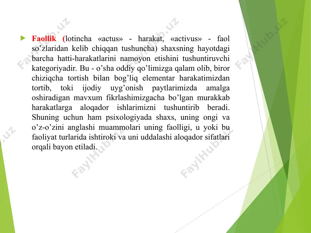 i. o’yin - shunday faoliyat turiki, u bevosita biror moddiy yoki ma’naviy ne’matlar yaratishni nazarda tutmaydi, lekin uning jarayonida jamiyatdagi murakkab va xilma-xil faoliyat normalari, harakatlarning simvolik andozalari inson tomonidan o’zlashtiriladi. o’qish faoliyati ham shaxs kamolotida katta rol o’ynaydi va ma’no kasb etadi. bu shunday faollikki, uning jarayonida bilimlar, malaka va turli ko’nikmalar o’zlashtiriladi. mehnat qilish ham eng tabiiy ehtiyojlarga asoslangan faoliyat bo’lib, uning maqsadi albatta biror moddiy yoki ma’naviy ne’matlarni yaratish, jamiyat taraqqiyyotiga hissa qo’shishdir. har qanday kasbni egallash, nafaqat egallash, balki uni mahorat bilan amalga oshirishda faoliyatning barcha qonuniyatlari va mexanizmlari amal qiladi. oddiygina biror kasb malakasini egallash uchun ham unga aloqador bo’lgan ma’lumotlarni eslab qolish va kerak bo’lganda yana esga tushirish orqali uni bajarish bo’lmay, balki ham ichki (psixik), ham tashqi (predmetga yo’naltirilgan) harakatlarni ongli tarzda bajarish bilan bog’liq murakkab jarayonlar yotishini unutmaslik kerak. lekin har bir shaxsni u yoki bu faoliyat turi bilan shug’ullanishiga majbur qilgan …