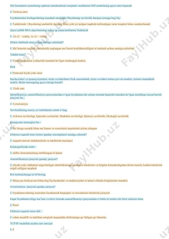 k markazlashgan holatda kim tomonidan amalga oshiriladi j: xavfsizlik siyosati ma’muri berilgan ta`riflardan qaysi biri asimmetrik tizimlarga xos? j: asimmetrik kriptotizimlarda k1≠k2 bo’lib, k1 ochiq kalit, k2 yopiq kalit deb yuritiladi, k1 bilan axborot shifrlanadi, k2 bilan esa deshifrlanadi ma’lumotlarni uzatishning optimal marshrutlarini aniqlash vazifalarini osi modelining qaysi satxi bajaradi j: tarmoq satxi foydalanishni boshqarishning mandatli modelida obyektning xavfsizlik darajasi nimaga bog‘liq.. j: tashkilotda obyektning muhimlik darajasi bilan yoki yo‘qolgan taqdirda keltiradigan zarar miqdori bilan xarakterlanadi qaysi juftlik rsa algoritmining ochiq va yopiq kalitlarini ifodalaydi j: {d, n} – yopiq, {e, n} – ochiq; diskni shifrlash nima uchun amalga oshiriladi? j: ma’lumotni saqlash vositalarida saqlangan ma’lumot konfidensialligini ta’minlash uchun amalga oshiriladi tahdid nima? j: tashkilotga zarar yetkazishi mumkin bo‘lgan istalmagan hodisa. risk j: potensial foyda yoki zarar barcha kabel va tarmoq tizimlari; tizim va kabellarni fizik nazoratlash; tizim va kabel uchun quvvat manbai; tizimni madadlash muhiti. bular tarmoqning qaysi satxiga …
