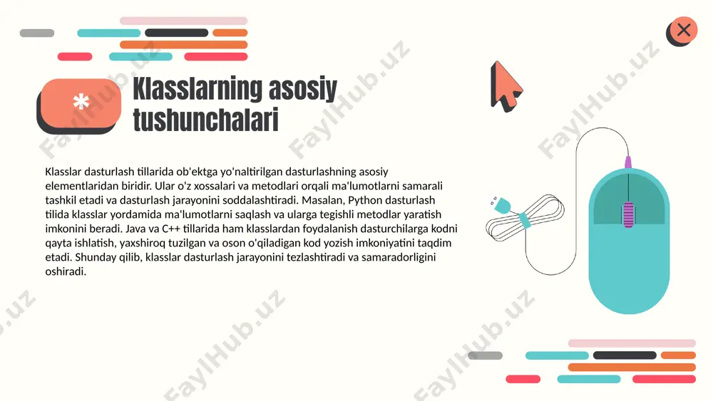 hda ulardan foydalanish dasturlashda klasslardan foydalanishning bir qator afzalliklari mavjud: 1. modullashuv: dastur kodini alohida qismlarga bo'lish imkoniyatini beradi, bu esa uni yaxshiroq boshqarish va oson o'zgartirish imkonini yaratadi. 2. qayta foydalanish: bir marta yozilgan klasslarni bir nechta loyihalarda yoki dasturlarda qayta ishlatish mumkin, bu vaqt va resurslarni tejaydi. 3. oson texnik xizmat: klasslar yordamida dasturdagi xatolarni topish va tuzatish jarayonini soddalashtirish mumkin. klasslar yordamida dasturlarni tuzish uchun, avval klassni aniqlash va keyin undan ob'ektlar yaratish zarur. masalan, "avtomobil" klassini yaratib, uning xususiyatlarini belgilash mumkin, so'ngra har bir avtomobil uchun alohida ob'ektlar yaratiladi. muammoni hal qilishda klasslar qulay yechimlar taklif etadi, masalan, biron-bir avtomobilning tezligini oshirish yoki yoqilg'i sarfini hisoblash uchun klasslardan foydalanish mumkin. photo by goran ivos on unsplash klasslar yordamida kodni qayta ishlatish klasslar yordamida kodni qayta ishlatish jarayoni obyektga yo'naltirilgan dasturlashda juda muhimdir. dasturchilar bir marta yozilgan klasslarni bir necha marta ishlatish orqali kodni qisqartirish va samaradorlikni …