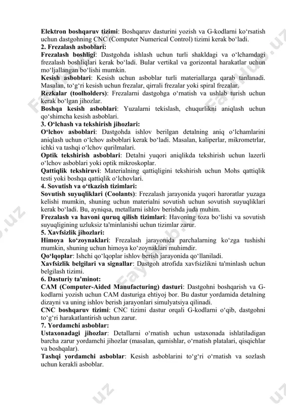g‘ri natijani olish uchun test operatsiyalarini bajarish. 5. mavjud stmning yordamida dastur tuzish: stm (standart texnik ma'lumotlar) ishlashning umumiy me'yorlari va tavsiyalarini beradi. har bir detal uchun bu stmga mos ravishda g-kodlar tuziladi va dasturning ishlashiga ta'sir qiladigan parametrlar (tezlik, tormozlash va boshqa) aniqlanadi. 6p13f3 rusumli vertikal frezalash dastgohida ishlash uchun kerakli jihozlar va asboblar quyidagilar bo‘lishi mumkin: 1. frezalash dastgohi (6p13f3) dastgohning o‘zi: 6p13f3 vertikal frezalash dastgohi, metall yoki boshqa materiallarni ishlov berish uchun mo‘ljallangan. u turi va ishlov berish jarayoniga qarab, zarur frezalash boshliqlari va asboblari bilan jihozlangan bo‘ladi. elektron boshqaruv tizimi: boshqaruv dasturini yozish va g-kodlarni ko‘rsatish uchun dastgohning cnc (computer numerical control) tizimi kerak bo‘ladi. 2. frezalash asboblari: frezalash boshligi: dastgohda ishlash uchun turli shakldagi va o‘lchamdagi frezalash boshliqlari kerak bo‘ladi. bular vertikal va gorizontal harakatlar uchun mo‘ljallangan bo‘lishi mumkin. kesish asboblari: kesish uchun asboblar turli materiallarga qarab tanlanadi. masalan, to‘g‘ri kesish uchun frezalar, qirrali frezalar …