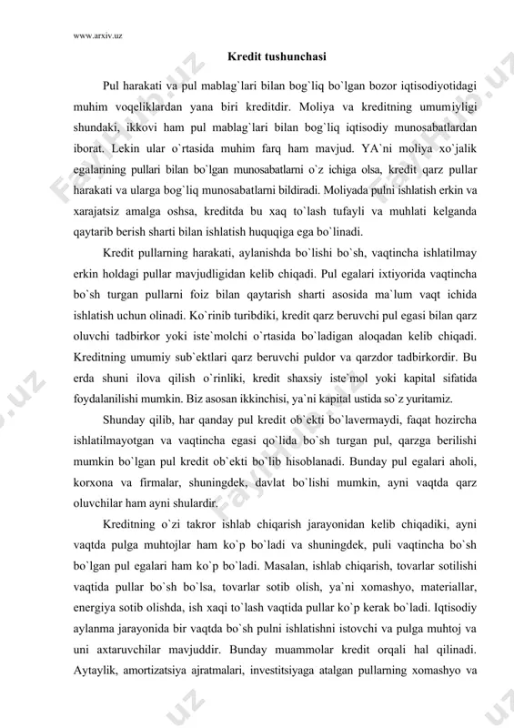 mashyo, materiallar, energiya sotib olishda, ish xaqi to`lash vaqtida pullar ko`p kerak bo`ladi. iqtisodiy aylanma jarayonida bir vaqtda bo`sh pulni ishlatishni istovchi va pulga muhtoj va uni axtaruvchilar mavjuddir. bunday muammolar kredit orqali hal qilinadi. aytaylik, amortizatsiya ajratmalari, investitsiyaga atalgan pullarning xomashyo va materiallar pulining yig`ilib borishi, ish xaqining ma`lum vaqtdagina to`lanishi tufayli yig`ilib borishi kabilar bevosita ishlab chiqarish jarayonlari bilan bog`liqdir. bulardan tashqari aholini ijtimoiy himoyalashga ajratiladigan pullar ham ma`lum vaqt ichida jamg`arilib, so`ngra ishlatiladi. aholi iste`molida ham shunday holatlar bo`ladi va ma`lum qism daromad jamg`arilib boriladi. davlat moliyasida ham pul yig`ilishi va vaqti-soati kelganda sarf etilishi tabiiydir. bular qarz berish uchun, ya`ni kredit uchun manbalar bo`lib xisob-lanadiki, ular ayni vaqtda qarz fondlarini shakllantirib boradi. demak, iqtisodiy hayotning o`zi, pul resurslarining harakati, pullarning ishlatilishidagi davriylik kabilar kreditga asos solib, uni bo`sh pullar bilan ta`minlab turadi. albatta bu kreditning bir tomoni, ya`ni kredit bozoridagi taklifning shakllanish jarayonidir. ma`lumki, shu bilan …