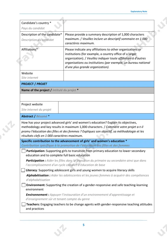 minations/explanatory%20note/gweprize@unesco.org mailto:gweprize@unesco.org explanatory note 4 nomination form / formulaire de candidature note: the following form is for information purposes only. the nomination form must be completed online in english or french via a platform accessible through the unesco website at: http://unesco.org/gwe. submissions using the paper version will not be accepted. note: ce formulaire n'est fourni qu'à titre d'information. toutes les candidatures doivent être soumises exclusivement en ligne en anglais ou en français via une plate-forme accessible sur http://unesco.org/gwe. les soumissions sur papier ne seront pas acceptées. candidate / candidat type of candidate type de candidat organization / organisation individual / individu name of the candidate * nom du candidat type of organization type d’organisation government / gouvernement international organization / organisation internationale civil society organization / organisation de la société civile private sector or business / secteur privé ou organisation commerciale media / médias academic or research institution / institution …