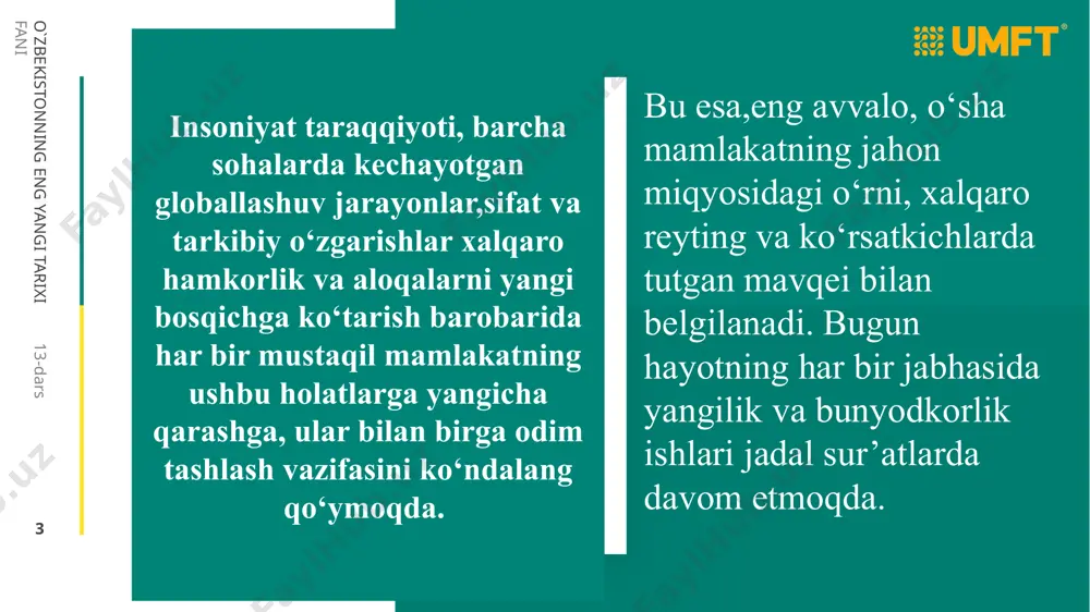 di. . 13-dars ‹#› o`zbekistonning eng yangi tarixi fani seminarda prezidentimizning 2020 yil 2 iyundagi farmoni bilan xalqaro reyting va indekslar bilan ishlash bo‘yicha respublika kengashi tashkil etilayotgani,davlat organlarining birinchi rahbarlari o‘zbekiston respublikasining xalqaro reyting va indekslardagi o‘rnini yaxshilash uchun mas’ul qilib belgilangani alohida qayd etib o‘tildi. xususan,«korrupsiyani nazorat qilish» indeksida 1 pog‘onaga, «hukumat samaradorligi»indeksida 3 pog‘onaga, «normativ sifat» indeksida 7 pog‘onaga, «qonun ustuvorligi» indeksida 4 pog‘onaga, «so‘z erkinligi va hisobdorlik»indeksida5 pog‘onaga ko‘tarildi. 13-dars ‹#› o`zbekistonning eng yangi tarixi fani so‘nggi to‘rt yil mobaynida mamlakatimiz meros jamg‘armasining«iqtisodiy erkinlik» indeksida 52 pog‘onaga, jahon bankining «logistika samaradorligi» indeksida 19 pog‘onaga, «biznes yuritish» indeksida 18 pog‘onaga ko‘tarilgan. xalqaro reyting va indekslar dunyodagi institutsional muhitning sifatini baholashda iqtisodiy rivojlanishning asosiy sharti sifatida jahon hamjamiyati tomonidan qabul qilingan vositadir 13-dars ‹#› o`zbekistonning eng yangi tarixi fani bmtning sanoatni rivojlantirish tashkilotining (yunido)“raqobatbardosh sanoat unumdorligi indeksi” bo‘yicha hisoboti chop etildi. unda mamlakatimiz ilk marotaba aks ettirilib, 152 …