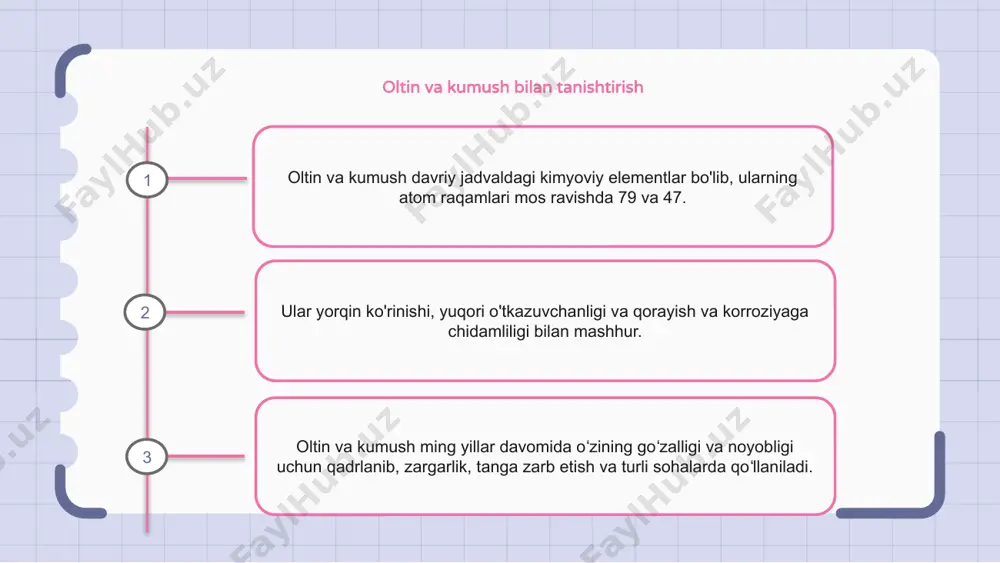 mal ilovalar uchun foydali qiladi. kumushning fizik xossalari kumush - yorqin, oq metall bo'lib, u yuqori darajada aks ettiruvchi va egiluvchan. u yuqori elektr o'tkazuvchanligi va issiqlik o'tkazuvchanligiga ega, bu uni elektr va issiqlik ilovalarida foydali qiladi. uning zichligi 1 kub santimetr uchun 10,5 gramm va erish nuqtasi 961,8 daraja selsiyga teng. kumush, shuningdek, tovush to'lqinlarining yaxshi o'tkazuvchisi bo'lib, uni musiqa asboblarida foydali qiladi. kumush korroziyaga va oksidlanishga chidamli bo'lib, uni juda bardoshli qiladi. shuningdek, u biomoslashuvchan bo'lib, uni tibbiy va stomatologiyada qo'llash uchun mos qiladi. oltinning kimyoviy xossalari oltinning kimyoviy belgisi au va atom raqami 79. bu yumshoq, sariq, zich va egiluvchan metalldir. bu korroziyaga va qorayishga juda chidamli bo'lib, uni zargarlik va san'atda mashhur materialga aylantiradi. oltin o'zining noyob kimyoviy xossalari, masalan, boshqa metallar bilan qotishma hosil qilish qobiliyati bilan ham mashhur. 1 2 3 kumushning kimyoviy xossalari kumush - bu ag belgisi va atom raqami 47 bo'lgan …