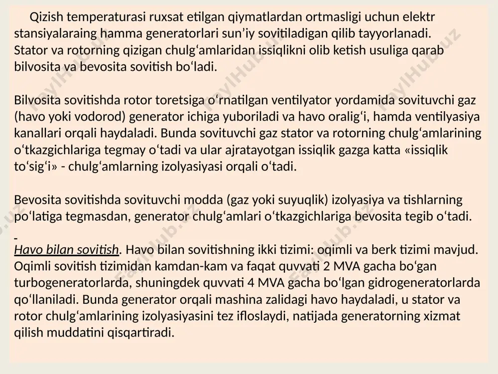 in (1 -jadval) turbogeneratorlarni sovitish quvvatining ortishi, nisbiy birlikda havo bilan ortiqcha bosimi 0,005 mpa bo‘lgandagi vodorod bilan bilvosita ortiqcha bosimi 0,2 mpa bo‘lgandagi vodorod bilan bilvosita stator va rotorni vodorod bilan bevosita (ichki) sovitish stator chulg‘amini moy bilan va rotor chug‘lamini suv bilan bevosita sovitish stator va rotor chulg‘amini suv bilan bevosita sovitish 1,0 1,25 1,7 2,7 3,6 4,0 turli tizimlarda sovitish samaradorligi 1 - jadval 4. xulosa ishlash jarayonida generatorlarniig aktiv qismlarining qizishi uzluksiz nazorat qilinadi. stator chulg‘ami va po‘latining temperaturasi temperatura ko‘rsatkichlari yordamida nazorat qilinadi va ular o‘rnida termoqarshilikdan foydalaniladi. ular ishlab chiqaruvchi zavod tomonidan mashinaning eng ko‘p qizishi mumkin bo‘lgan joylari paz tagiga (po‘lat temperaturasini o‘lchash uchun) va sterjenlar orasiga (mis temperaturasini o‘lchash uchun) o‘rnatiladi. temperatura ko‘rsatuvchi va yozuvchi asboblar yordamida o‘lchanadi. rotor chulg‘amining temperaturasi bilvosita, ya’ni qizishda chulg‘am om qarshiligining o‘zgarishiga qarab o‘lchanadi, (uyg‘otish zanjiriga ampermetr va rotorning xalqasiga bevosita ulanadigan voltmetr yordamida). generetorlarning sovitish …
