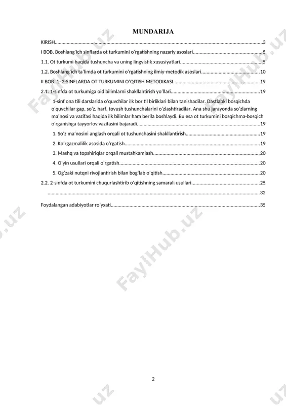 i. ushbu kurs ishida ot turkumining lingvistik asoslari, uni 1–2-sinflarda o‘rgatish metodikasi, dars jarayonidagi yondashuvlar va ta’limiy natijalar tahlil qilinadi. mavzuning dolzarbligi. boshlang‘ich ta’lim o‘quvchining tilga oid dastlabki bilim va malakalarini shakllantiradigan muhim bosqich hisoblanadi. ayniqsa, 1–2-sinflarda o‘quvchilar nutqiy tushunchalarni o‘zlashtirishda katta qiyinchiliklarga duch keladilar. shunday sharoitda so‘z turkumlari, xususan, ot turkumi haqida bilim berish – ularning grammatika, nutq va tafakkurini shakllantirishda tayanch nuqtalardan biridir. ot – tildagi eng asosiy, eng ko‘p ishlatiladigan so‘z turkumidir. har bir gapning mazmuni ko‘pincha ot bilan bog‘liq bo‘ladi. shu sababli, o‘quvchida otning qanday so‘z turkumi ekanligini, u nimani bildirishi, qanday shakllarda kelishini erta bosqichdanoq o‘rgatish lozim bo‘ladi. yana bir muhim jihati – hozirgi kunda ta’limda kompetensiyaviy yondashuv asosida darslar tashkil etilmoqda. bu esa har bir til birliklarini hayotiy misollar orqali o‘rgatishni, o‘quvchining amaliy nutqida ularni qo‘llay olishiga erishishni taqozo etadi. ot turkumini o‘rganish orqali o‘quvchilarning og‘zaki va yozma nutqi boyiydi, so‘z boyligi kengayadi, fikrlash …