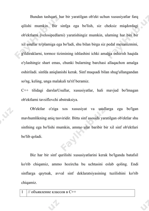 ikun, oy, yil... shaxsiy elementlardagi qiymatlarni ko'rish uchun funksiya e'lon qilinadigetdate ()bu o'zgaruvchilardan qiymatlarni qaytaradikun, oy, yilsana ko'rinishida.bu sinf ta'rifini yakunlaydi, asosiy ()da har doimgidek, biz sinf ob'ektini yaratamiz va ob'ekt orqali biz uning usullarini chaqiramiz, 39 - 41. agar ma'lumotlar elementlari keyin e'lon qilingan bo'lsa. aniqlovchiommaviybiz ularga sinfning metodlari bilan bir xil tarzda murojaat qilishimiz mumkin. dasturning natijasi 2-rasmda ko'rsatilgan. 2-rasm - c ++ tilidagi sinflar sinf-struktura tushunchasi kengaytmasi sifatida. sinflarni eng sodda holda quyidagicha tasvirlash mumkin: sinf-kaliti sinf-soni {komponentalar ro‘yxati} sinf komponentalari sodda holda tiplangan ma’lumotlar va funksiyalardan iborat bo‘ladi. figurali kavslarga olingan komponentalar ro‘yxati sinf tanasi deb ataladi. sinfga tegishli funksiyalar komponenta-funksiyalar yoki sinf funksiyalari deb ataladi. sinf kaliti sifatida struct xizmatchi so‘zi ishlatilishi mumkin. masalan quyidagi konstruksiya kompleks son sinfini kiritadi. struct complex { double real; double imag; void define (double re=0.0, double im=0.0) { real=re; imag=im; } void display (void) { cout using namespace std; …