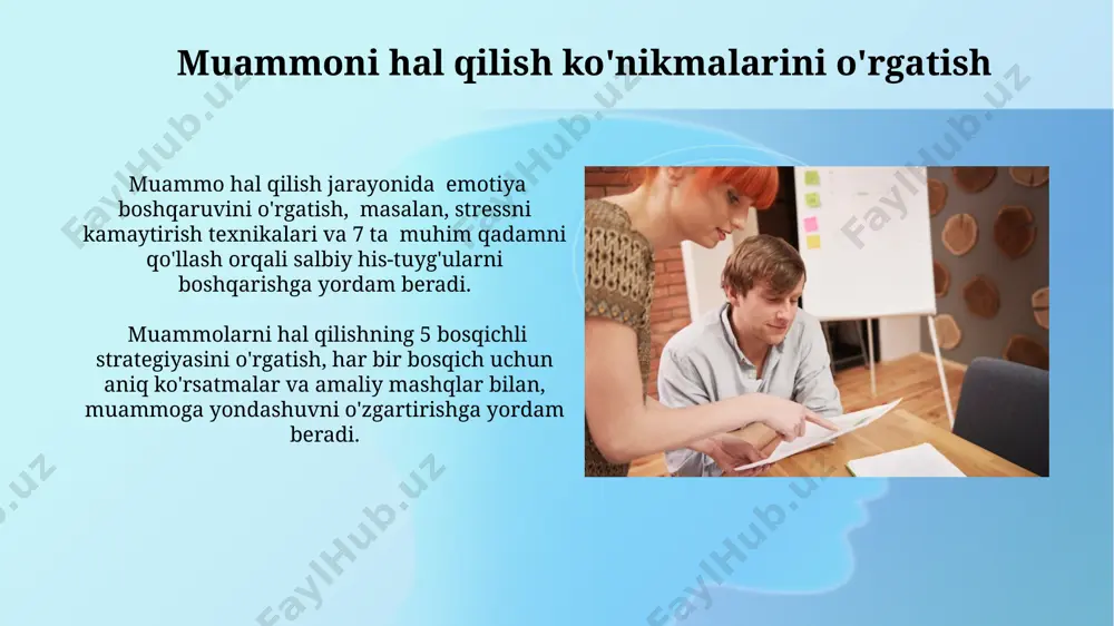 atlarini muhokama qilish, shuningdek, ularning amaliy qo'llanilishini aniqlash, qoidalarga rioya qilish darajasini oshirishga yordam beradi. o'quvchilarning faol ishtiroki bilan 7-10 ta qoida yaratish, ularning bajarilishini nazorat qilishda 2-3 nafar o'quvchini kuzatuvchi etib tayinlash, mas'uliyat hissini oshiradi va kollektiv javobgarlikni shakllantiradi. natijalar va kelajakdagi rejalar dastlabki natijalar shuni ko'rsatdiki, 70% talabalarda intizomga bo'lgan salbiy munosabat sezilarli darajada kamaygan va o'z-o'zini boshqarish ko'nikmalari 30% oshgan. kelajakdagi rejalarda ushbu dasturni 5 ta maktabda qo'llash va natijalarni statistik tahlil qilish, shuningdek, o'qituvchilar uchun qo'shimcha treninglar o'tkazish nazarda tutilgan. salbiy munosabat sabablari sinfdagi tengdoshlar bosimi va majburlash, masalan, 60% o'quvchilarda zo'ravonlik yoki haqoratlar natijasida salbiy munosabat kuzatiladi. o'quvchilarning 25%ida o'ziga ishonchsizlik va past o'z-o'zini baholash hissi salbiy munosabatga olib keladi, bu esa akademik muvaffaqiyatsizlikka olib keladi. monitoring va baholash tizimi tizim, talabalarning o‘z-o‘zini baholash imkoniyatini taqdim etib, kamida 70% ijobiy natijaga erishgan talabalarga qo‘shimcha rag‘batlar berilishi, salbiy natijalarga esa individual yordam ko‘rsatilishi bilan farqlanadi. “monitoring …