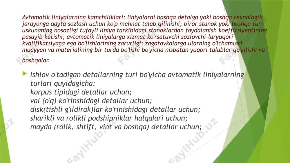 e-tallarni bo'shatish va ularni transportirovka qilish maqsadlarida sanoat robotlari bilan jihozlanmoqda. rdbb stanoklarning yanada takomillashgan turlari sifatida robot-lashtirilgan texnologik komplekslar (rtk) va qayta sozlanuvchi ishlab chiqarish modullari hamda ularning asosida qayta tez va oson sozla-nuvchi sistemalar yaratildi. e’tiboringiz uchun raxmat image1.png image2.png /docprops/thumbnail.jpeg
