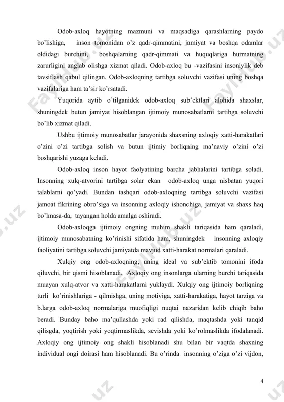 , xulq esa jamiyatda insonlarning xatti-harakatlari, ularning o’zaro munosabatlarini tartibga soluvchi ijtimoiy normalardir.” axloqiy munosabatlar insonlar o’rtasida faoliyatlari jarayonida vujudga keladi. axloqiy munosabatlar mazmuniga, shakliga, sub’ektlar o’rtasidagi ijtimoiy alloqa usuli bilan farqlanadi. ularning mazmuni kimga nisbatan ba (jamiyatga ba odamlarga nisbatan) qanday axloqiy majburiyatlarni olishi bilan belgilanadi. barcha holatlarda inson oxir oqibatda axloqiy munosabatlar tizimida boladi. axloqiy munosabatlarda inson xulqiy faoliyatning ham sub’ekti va ham ob’ekti tariqasida qatnashadi. demak, u boshqa odamlar oldida uning o’zi jamiyatga nisbatan, ijtimoiy guruhga nisbatan sub’ekt hisoblanadi, ammo bir vaqtning o’zida u boshqalar uchun bir vaqtning o’zida axloqiy majburiyatlar ob’ekti bo’ladi, chunki ular uning manfaatlarini himoya qilishi, u to’g’risida g’amxo’rlik qilishi lozim. axloqiy faoliyat odob-axloqning ob’ektiv tomonini o’zida ifoda etadi. axloqiy faoliyat to’g’risida shunda gapirish mumkin-ki, qachonki xatti-hararat- qilmish, xatti-harakat, ularning motivi yaxshilik va yomonlik, loyiq va noloyiq, va b.larning chegaralanish talablari bo’yicha baholanish mumkin bo’lsa. xulqiy faoliyatning birlamchi belgisi qilmish hisoblanadi, chunki uning zamirida …