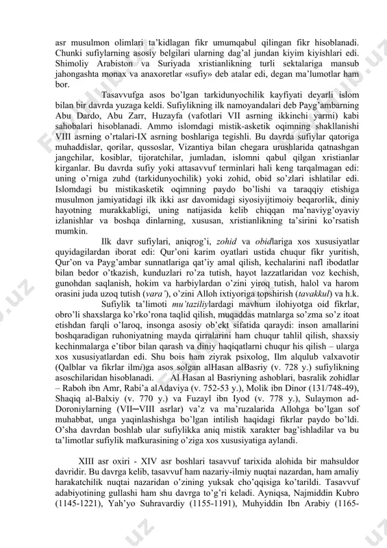 ayzoxaziy, al-aqiliy, al-marg’inoniy oilalari ilm va ijtimoiy hayotda kuchli mavqega ega bo’ldilar. ilm-fan rivojlandi. ko’plab yirik olimlar etishib chiqdilar. yirik faqihlar sulolalari paydo bo’ldi. bir necha avloddan avlodga ulanib davom etgan faqihlar sulolalari nafaqat movarounnahr, balki butun islom olamida katta nufuzga ega edilar. umuman fiqh, xususan hanafiy mazhabining rivojlanish tarixida xi-xii asrlardagi movarounnahr faqihlarining ilmiy faoliyati juda muhim o’rin tutadi. bu davrda etishib chiqqan hanafiy faqihlaridan - ad-dabusiy abi zayd, al-halvo’iy, abu bakr muhammad as-saraxsiy, al-pazdaviy ‘ali, as-sadr ash-shahid ‘umar, an-nasafiy ‘umar, alouddin as-samarqandiy, ibn moza mahmud, al-‘attobiy ahmad, al-kosoniy mas‘ud, qozixon va yuqorida zikr etilgan al-marg’inoniy ‘ali kabi ma’lum va mashhur faqihlarning nomlarini keltirish mumkin. umuman olganda yuqorida bir necha davrlar va ularda mavjud bo’lgan fiqh maktablari, bu maktablarda ilmiy faoliyat olib borgan mujtahidlar haqida qisman bo’lsada tanishib chiqish va fiqh ilmining payg’ambar s.a.v. davrlaridan toki taqlid davriga bo’lgan tadrijiy rivojlanishini o’rganish bizga: - vii-xii asrlardagi ilmiy muhit; - …