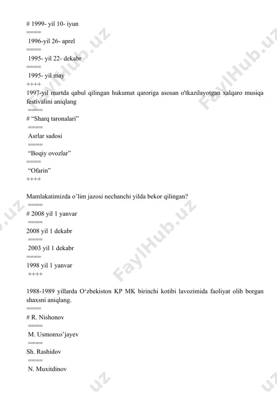 ilish haqidagi qarori qabul qilingan sanani toping. ==== # 1996-yil 13-dekabr ==== 1997-yil 13-dekabr ==== 1998-yil 13-dekabr ==== 1999-yil 13-dekabr ++++ mahalla so'zi qaysi so‘zdan olingan? ==== # arabcha “mahallun” ==== forscha “mahallun” ==== turkcha “mehalla” ==== tojikcha“mahal” ++++ mamlakatimizda nechanchi yildan boshlab barcha hududlarda prezidentning vertual va xalq qabulxonasi tashkil etidi? ==== # 2017 yildan ==== 2015 yildan ==== 2019 yildan ==== 2018 yildan samarqandda qachon avtobus va yuk mashinalari ishlab chiqarishga ixtisoslashgan «sam ++++ o`zbekiston respublikasida fuqarolar necha yoshdan boshlab saylash xuquqiga ega ? ==== # 18 yoshdan ==== 21 yoshdan ==== 25 yoshdan ==== 16 yoshdan ++++ “o‘zbek tilining asosiy imlo qoidalarini tasdiqlash haqida”gi vazirlar mahkamasining qarori e’lon qilingan sanani aniqlang. ==== # 1995-yil 24-avgust ==== 1994-yil 24-avgust ==== 1996-yil 24-avgust ==== 1998-yil 24-avgust ++++ o`zbekistonda qishloq xo‘jaligi rivojida qaysi usul o`zining samarasini ko`rsatdi? ==== # klaster usuli ==== ijara usuli. ==== pudrat usuli. ==== fermerlik usuli. …