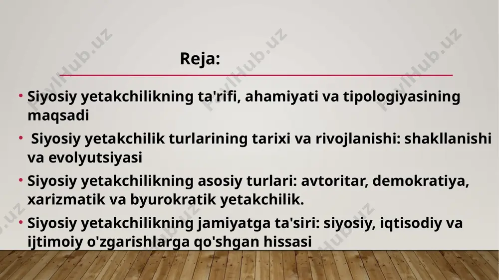 i asrda demokratik yetakchilik g‘oyalari keng tarqaldi.xx asrda populistik va karizmatik yetakchilik kuchaygan. zamonaviy texnologiyalar yetakchilik uslublarini o‘zgartirib, global yetakchilikni keltirdi. har bir tarixiy davr siyosiy yetakchilik turlarining yangi shakllarini yaratishga turtki bo‘lgan. siyosiy yetakchilikning asosiy turlari siyosiy yetakchilikning turli turlari mavjud bo’lib, ular jamiyatdagi siyosiy tizim va madaniyatga qarab o’zgaradi. har bir tur o’zining xususiyatlariga va boshqaruv usullariga ega. quyida siyosiy yetakchilikning asosiy turlari haqida ma’lumot berilgan: avtoritar yetakchilik xarizmatik yetakchilik demokratik yetakchilik byurokratik yetakchilik avtoritar va demokratik yetakchilik avtoritar yetakchilar qarorlarni mustaqil qabul qilib, boshqalarning fikrini hisobga olmaydi.ular kuchli markazlashuv va qat'iy nazoratni ustuvor deb biladilar. avtoritar boshqaruv tezkor qaror qabul qilishni talab qiladigan sharoitlarda samarali bo'lishi mumkin.ularning siyosati ko'pincha xalq ishtirokidan chetlashib, buyruqbozlikka asoslanadi.ko'pincha inqiroz davrida tartib va barqarorlikni tiklash uchun qo'llaniladi. uzoq muddatda repressiv siyosat ijtimoiy norozilikka sabab bo'lishi mumkin.bunday tizimda tanqid va erkin fikrga imkoniyat cheklangan.misol sifatida stalin yoki mussolini ko'pincha avtoritar liderlar hisoblanadi demokratik …