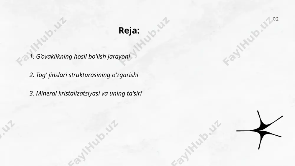 ng qattiq jism holati sifatida shakllanishi va o‘sishiga olib keladi. kristalllanish yer yuzida tuproq unumdorligini oshiradi va togʻ jinslarining paydo boʻlishiga taʼsir qiladi. togʻ-jinslari esa oʻz navbatida yer resurslarini shakllantiradi. shuningdek, kristalllanish jarayonlari yer osti va yer usti suvlari orqali minerallarning yoʻqolishiga yoki toʻplanishiga sabab boʻladi. shu bilan birga, kristall tuzilishlari sanoatda qulay xom ashyo sifatida ishlatilishi uchun ahamiyatlidir. ... t.me/slaydai_bot 4. tabiiy gazlarning tog' jinslariga ta'siri tabiiy gazlarning tog' jinslariga ta'siri geologiyada muhim mavzulardan biridir. tabiiy gaz konlari ko'pincha cho'kindi jinslar orasida joylashgan bo'ladi. bu gazlar tog' jinslarining tarkibini va xususiyatlarini o'zgartirishi mumkin. masalan, tabiiy gazning yuqori bosimi minerallarni eritib, yangi minerallar hosil qiladi. shuningdek, gaz oqimi jinslarning g'ovakligini oshirib, ularning mexanik xususiyatlarini o'zgartirishi mumkin. bunday jarayonlar tog' jinslarining bardoshlik darajasiga ta'sir qiladi. qo'shimcha ravishda, gazlarning paydo bo'lishi yoki yo'qolishi tog'dagi yoriqlarni hosil qiladi yoki kengaytiradi, bu esa tog' jinslarining stabilizatsiyasiga salbiy ta'sir ko'rsatishi mumkin. ... t.me/slaydai_bot suvning kimyoviy …