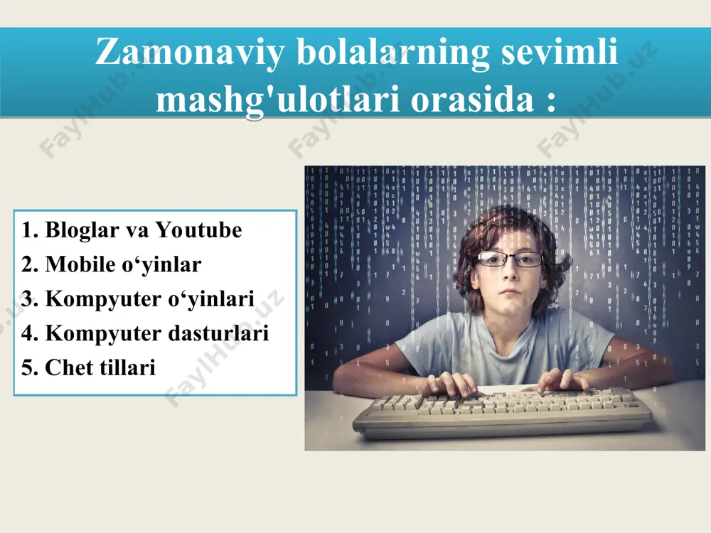 ora-tadbirlar 1. o‘yin vaqtini nazorat qilish ⏳ chegaralangan o‘yin vaqti belgilash katta yoshdagilar va ota-onalar bolalar va o‘smirlar uchun kuniga 1-2 soatdan ortiq o‘yin o‘ynamaslik qoidalarini belgilashlari kerak. o‘yin vaqtini rejalashtirish uchun raqamli nazorat tizimlari (masalan, screen time, family link) dan foydalanish mumkin. ✅ misol: ota-ona bolasi uchun o‘yin o‘ynash vaqtini faqat maktabdan keyin yoki dam olish kunlarida cheklashi mumkin. 2. muqobil mashg‘ulotlar tashkil qilish 🎨 foydali va qiziqarli muqobil faoliyatlar taklif qilish sport, musiqa, rasm chizish, kitob o‘qish yoki dasturlash kabi faoliyatlar bilan shug‘ullanishga rag‘batlantirish kerak. yoshlarni ochiq havoda sayr qilish, jamoaviy o‘yinlar va to‘garaklarga jalb qilish lozim. ✅ misol: bolaga haftada kamida ikki marta futbol yoki shaxmat mashg‘ulotlariga qatnashish tavsiya etilishi mumkin. oilaviy va ijtimoiy muloqotni kuchaytirish 👨‍👩‍👧‍👦 oilaviy vaqt ajratish ota-onalar farzandlari bilan sifatli vaqt o‘tkazishlari, suhbatlashishlari va birgalikda faoliyat olib borishlari lozim. do‘stlar bilan jonli uchrashuvlar va tadbirlarga borishga undash kerak. ✅ misol: haftalik "texnologiyadan holi …