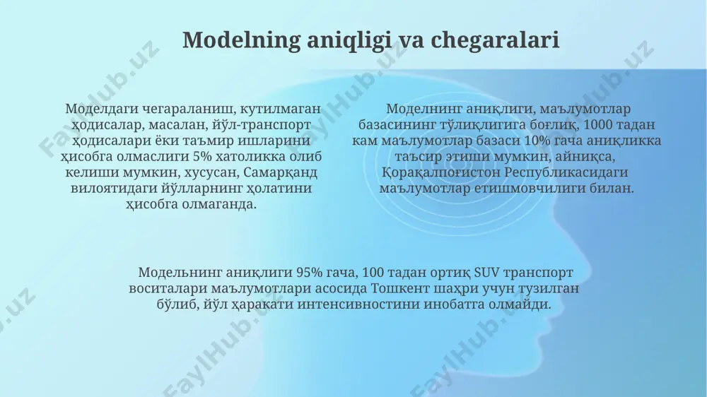 рафик маълумотлар киритилган. amaliy misol самарқанд вилоятидаги 25 та suv автомобили учун яратилган математик модел, ҳар бир машинанинг 1 йилдаги таъмирлаш харажатларини 3 миллион сўм деб баҳолади. фарғона водийсидаги 30 та suv га тегишли маълумотлар асосида яратилган модел, ҳар бир машинанинг йиллик техник хизмат кўрсатиш харажатларини ўртача 1,5 миллион сўм ва йилига 2 марта техник кўрикдан ўтказилишини кўрсатди. тошкент шаҳридаги 50 та suv транспорт воситаларидан фойдаланишни таҳлил қилишда, кундалик ўртача юриш масофаси 80 км бўлиб, ёқилғи сарфи 12 литр/100 км ни ташкил этди. suv resurslaridan foydalanish tushunchasi samarqand viloyatida joylashgan 10 ta suv avtomobilining yuk tashish quvvatini, 500 kg dan 1500 kg gacha bo'lgan yuklarni tashish vaqtida aniqlash uchun optimallashtirilgan matematik model, manbalarni samarali taqsimlashda yordam beradi. toshkent shahridagi 50 ta suv avtomobilining yoqilg'i sarfini baholash uchun matematik model, har bir avtomobilning o'rtacha yillik yurish masofasi 20 000 km va yoqilg'i iste'moli 10 l/100 km deb hisoblansa, umumiy yoqilg'i sarfini …
