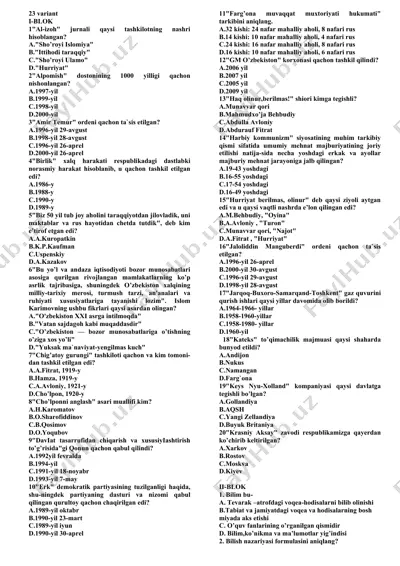 test savollari "o'zbekiston tarixi va mafkura" — DOCX