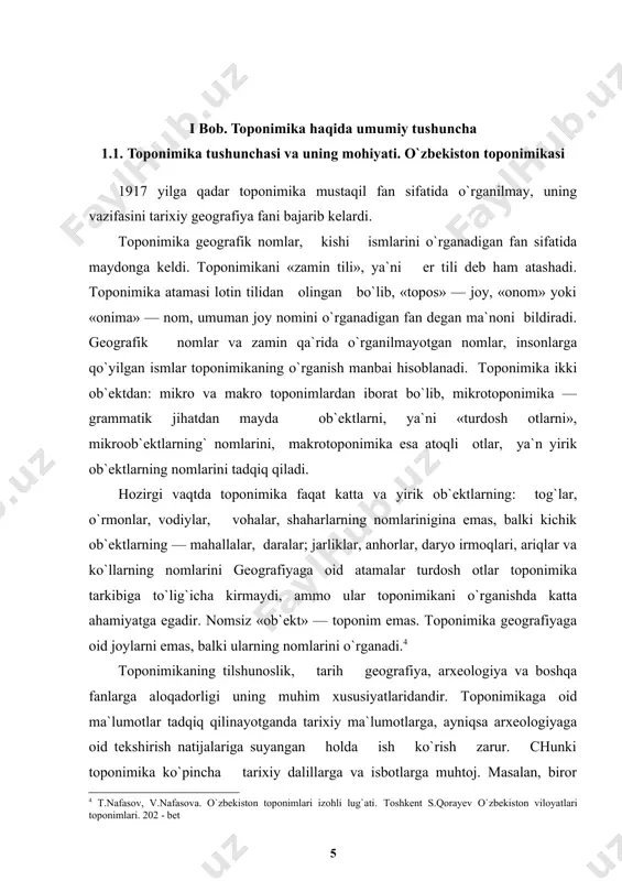 rur. bilish murakkab dialektik jarayondir, chunki bu usul bilan madaniy qatlamlarning eng qadimiysidan boshlab, to navqironigacha momlarning manbai asta-sekinlik bilan ochiladi nomlarning «yoshi» aniqlanadi. o`z navbatida toponimik nomlar tarix uchun ham bebaho manbadir. geografik nomlar uzoq muddatli bo`lib, ma`lum hududdagi u yoki bu xalqning tili haqida guvoxlik beradi. nomlar ma`lum bir aholining hamjihatligi yoki tarqoqligiga ham bog`liqdir. ibtidoiy jamoa tuzumi davrida nomlar juda kam bo`lgan, keyinchalik aholi paydo bo`lib, qo`yilgan nomlar xam ko`p vaqtlar o`tishi bilan boshqa nomlarga o`zgartirilib yuborilgan yoki butunlay yo`q bo`lib qetgan. ezma manbalardagi toponimikaga oid ma`lumotlar tahlil qilinganda buni yaqqol ko`rish mumkin. bu noqeani hozirgi vaqtda xam aniq ko`rishimiz mumkin. ayrim shahar va qishloqlarning eski nomlari o`rniga yangi nomlar qo`yiladi, bu eski nom nima uchun yo`qotildi-yu, nima uchun yangi nom qo`yildi, buning sabablarini ham aniqlash mumkin. o`tmishda esa yangi zamindor (er egasi) paydo bo`lishi bilan ko`pincha aholi eski geografik nomlar o`rniga shu zamindorning nomini qo`yishgan. dialektologiyadan …