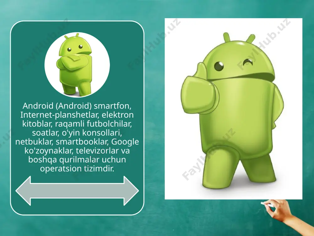 ersiyalarga yangilanishlarni birinchi bo'lib keltiradi. smartfon va planshetlarga qo'shimcha ravishda, android operatsion tizimi boshqa qurilmalarga o'rnatilgan. shunday qilib, 2009 yil oxirida androidda ishlaydigan birinchi foto ramkalar sotuvga chiqarildi. 2011-yil iyun oyida italiyaning blue sky kompaniyasi android operatsion tizimida ishlaydigan "watch watch" aqlli soatini e'lon qildi. 2012-yil avgustda nikon dunyodagi birinchi kamerani taqdim etdi, u android-da ishlaydi. google nexus seriyasida nafaqat smartfon va planshet, balki android va nexus player-da ishlaydigan nexus q media pleer ham mavjud. 2012-yil oktabr oyida kompaniyaning ijrochi direktori larri peyx 500 milliondan ortiq android-smartfon va planshetlarni ishga tushirganligini e'lon qildi. bundan tashqari, ushbu operatsion tizimga asosan 1,3 million qurilmalar har kuni faollashtirilganini aytdi. 2013 yilning sentyabr oyi boshida dunyoda bir milliarddan ziyod android qurilmasi ishga tushirildi. 2015-yil 29-sentabr kuni google bosh direktori sundar pichay android qurilmalari foydalanuvchilari soni 1,4 milliarddan oshganini ta'kidladi. android operatsion tizimiga oid dasturlar - dalvik virtual mashinasi uchun standart bo'lmagan bayt kodi dasturlari, …