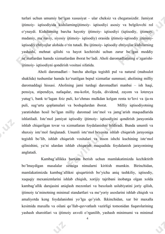 shni yo’lga qo’yish. ikkinchidan, xar bir maxalla kesimida maxalla va oilani qo’llab-quvvatlash vazirligi tomonidan fuqarolarining yashash sharoitlari va ijtimoiy axvoli o’rganilib, yashash minimumi va minimal isteʼmol savatini xisoblash metodini ishlab chiqish xamda axoli daromadlari tabaqalashuvini o’rganish bo’yicha tizimli ishlarni olib borish xamda ularning davlat maqsadli dasturlari bilan o’zaro muvofiqligini taʼminlash. uchinchidan, aniqlangan ijtimoiy axvoli tang axoli qatlamlarining ro’yxatini shakllantirish va ularninng xar birida kanday imkoniyatlar mavjudligini o’rganilishi va shunga asoslangan xolda kambag’allikni tugatishning aniq manzilli yo’nalishlarini ishlab chiqish lozim bo’ladi. to’rtinchidan, mamlakatimizda mexnat bozori va uning tarkibini sifat jixatdan rivojlantirish, ishchi kuchi migratsiyasi jarayonlarini taxlil qilish, takomillashtirish xamda mexnat resurslarini taqsimlash borasida o’zaro muvofiqlikdagi ishlarni olib borish barobarida axolining o’zini o’zi band qilish printsipini joriy qilish evaziga bandlik muammosini xal qilishga kirishish. beshinchidan, mamlakatimiz miqyosida va uning barcha xududlarida, ularning uziga xos xususiyatlaridan kelib chiqib, isteʼmol savatchasi va tirikchilik uchun zarur bulgan eng kam miqdorlardagi daromadlar darajasini ishlab chiqish va …