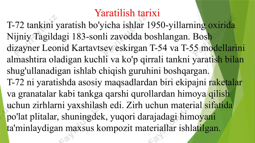 va ishonchlilikni ta'minlaydigan tarzda yaratilgan. dizayni tufayli t-72 tanki dunyodagi eng kuchli va samarali jangovar mashinalardan biri hisoblanadi. t-72 tankining texnik xususiyatlari !!! t-72 tanki dunyodagi eng kuchli va samarali tanklardan biri bo'lib, u yuqori manevr, kuchli qurol va ishonchli zirhga ega. keling, uning texnik xususiyatlarini batafsil ko'rib chiqaylik: 1. og'irligi: 41,5 tonna. 2. uzunligi: 9,53 metr. 3. kengligi: 3,59 metr. 4. balandligi: 2,22 metr. 5. ekipaj: 3 kishi (komandir, haydovchi va otishmachi (navo‘dchik)). 6. dvigatel: 780 ot kuchiga ega v-46-6 dizel agregati, bu avtomobil yo'lida 60 km/soatgacha va yo'ldan tashqarida 40 km/soat tezlikka erishish imkonini beradi. 7. zirh: tankni tankga qarshi raketalar, granatalar va boshqa turdagi qurollardan himoya qiluvchi kompozit materiallardan foydalanadigan zirhli plastinka. 8. qurol: 125 mm 2a46m to‘pi, u ham oddiy, ham kichik kalibrli snaryadlarni ota oladi. shuningdek, minoraga kt-7,62 mm pulemyot o'rnatilgan. 9. o'q-dorilar: 45 ta to'p va 2500 ta pulemyot o'qlarini o'z ichiga oladi. 10. …