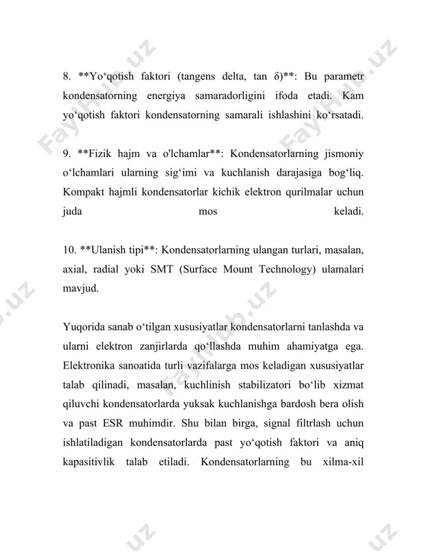 igi kabi omillar induktivlikka bevosita ta'sir qiladi. misol uchun, misdan yasalgan simlar yuqori o‘tkazuvchanlik xususiyatiga ega ekanligi uchun keng qo‘llaniladi. uchinchidan, induktivlik g'altaklarida magnit maydon hosil bo'ladi. bu magnit maydon o'zgarishi davomida elektromagnit induksiya natijasida eyuk hosil bo'ladi. o'zgaruvchan tok bilan ishlatilganda, bu g'altaklar reaktiv qarshilik hosil qiladi, va bu omil kuchlanish va tok orasidagi faza burchagini o'zgartiradi. reaktiv qarshilik \[ x_l = 2 \pi f l \] formula orqali hisoblanadi, bunda \(f\) chastota, \(l\) esa induktivlik. to'rtinchidan, induktivlik g'altaklari elektr zanjirlarida filtr sifatida ishlatilishi mumkin. ular yuqori chastotali signallarni pasaytirishi va past chastotali signallarni o'tkazishi mumkin. bu xususiyat radiotexnikada va audio elektronika qurilmalarida keng qo‘llaniladi. beshinchidan, g'altaklarda energiyaning magnit maydon shaklida saqlanishi muhim xususiyatdir. bu energiya \[ w = \frac{1}{2} l i^2 \] formula orqali hisoblanadi, bunda \(i\) – g'altakdan o'tayotgan tok. ushbu xususiyat energiyani vaqtinchalik saqlash va keyinchalik foydalanish imkoniyatini yaratadi. oltinchidan, o'zgaruvchan tok zanjirlarida induktivlik g'altaklari yuqori …