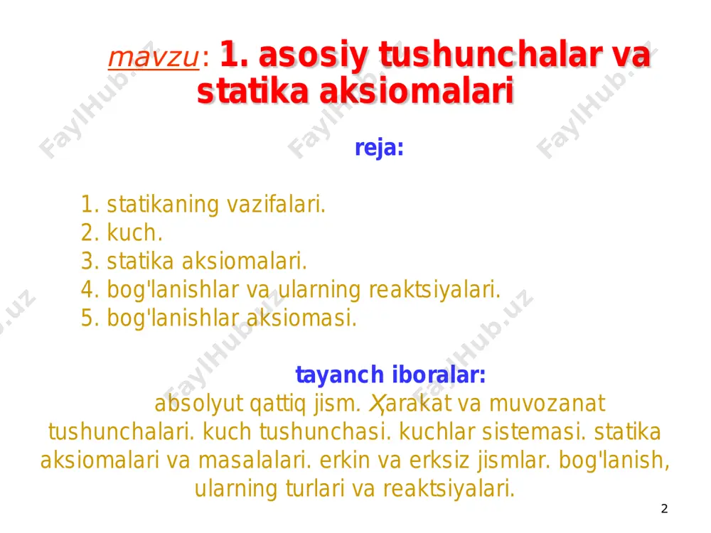 ul) nazariy mexanika 10 f1 f2 r f1 f2 f3 f4 f5 r1-2 r1-3 r1-4 vektorlarni qo'shish va tashkil etuvchilarga ajratish (grafik usul) nazariy mexanika 11 f1 f2 r f1 f2 f3 f4 f5 r1-2 r1-3 r1-4 vektorlarni qo'shish va tashkil etuvchilarga ajratish (grafik usul) r1-5 nazariy mexanika 12 f1 f2 r f1 f2 f3 f4 f5 r1-2 r1-3 r1-4 vektorlarni qo'shish va tashkil etuvchilarga ajratish (grafik usul) r1-5 nazariy mexanika 13 f1 f2 r f2 f3 f4 f5 r1-2 r1-3 r1-4 f2 f3 f4 f5 vektorlarni qo'shish va tashkil etuvchilarga aratish (grafik usul) f1 r1-5=  fi nazariy mexanika 14 f1 f2 f3 f4 f5 r1-2 r1-3 r1-4 f2 f3 f4 f5 r1-5 vektorlarni qo'shish va tashkil etuvchilarga ajratish (grafik usul) a r1-5 nazariy mexanika 15 f2 f3 f4 f5 f1 r1-5 vektorlarni qo'shish va tashkil etuvchilarga ajratish (analitik usul, tekislikdagi ҳol) x y i j a r(1-5)x∙i = …
