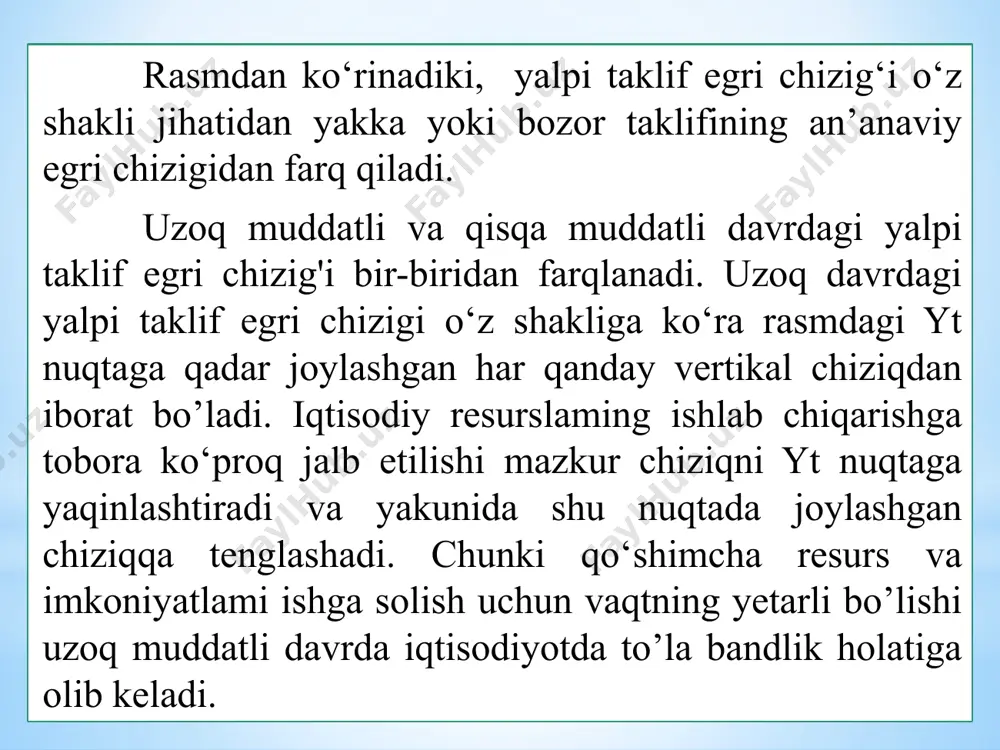 i ta’sir ko’rsatadi. mavjud ishchi kuchi (mehnat) resurslarining ko’payishi ish haqining pasayishiga, ularning kamayishi esa ish haqining oshishiga olib keladi. kapital. agar jamiyat asosiy kapital zahirasini o’stirib borsa, yalpi taklif o’sish tamoyiliga ega bo’ladi. masalan, agar jamiyat o’z daromadining asosiy qismini tejab, uni investitsion tovarlar sotib olishga yo’naltirsa, yalpi taklif o’sadi. xuddi shunday asosiy kapital sifati yaxshilanganda ishlab chiqarish xarajatlari kamayadi va yalpi taklif ko’payadi. korxona o’zining eski, sifati past bo’lgan qurilmalarini, yangi va ancha takomillashgan qurilmalar bilan almashtirishi bunga misol bo’la oladi. agar mamlakatda asosiy kapitalining miqdori kamaysa va sifati yomonlashsa, yalpi taklif qisqaradi. tadbirkorlik layoqati. vaqt o’tishi bilan mamlakatda tadbirkor kishilar soni ko’payadi va bu yalpi taklifga ta’sir ko’rsatadi. masalan keyingi vaqtda respublikada tadbirkorlik faoliyatini rivojlantirishga asosiy e’tiborni qaratilishi bunday faoliyat bilan shug’ullanishga harakat qiluvchi kishilar sonining ko’payishiga olib kelishi muqarrar va bu o’z navbatida yalpi taklifni oshiradi. import resurslar narxlari. chet ellardan resurslar importi milliy iqtisodiyotda yalpi …