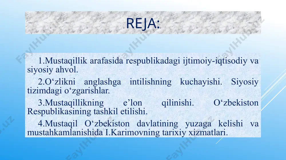 qich bo‘ldi. qonunni amalga oshirish maqsadida o‘zbek tilini o‘qitish maxsus kurslari tashkil etildi, o‘zbek tilidagiadabiyotlar, darsliklar nashr etilishiga va o‘quv yurtlarida o‘qitilishga e’tibor kuchaydi. 1990 yil bahorda markazning qattiq qarshiligiga qaramasdan prezidentlik lavozimi ta’sis etildi. bu o‘zbek davlatchiligi va mustaqilligining prinsipial yangi bosqichi bo‘ldi. o‘zbekiston rahbariyati ba’zi yuqori rahbarlik lavozimlarga tavsiya qilingan shaxslarni moskvada suhbatdan o‘tkazish amaliyotini tugatdi. i.a.karimov 1990 yil 14 martda o‘zbekiston oliy kengashida o‘zbekistonning birinchi prezidenti qilib saylandi. 1990 yil 20 iyunda mustaqillik to‘g‘risidagi deklaratsiyaning qabul qilinishi xalqning davlat mustaqilligiga intilishini huquqiy, iqtisodiy va siyosiy mazmun bilan to‘ldirdi va g‘oyat katta tarixiy ahamiyatga ega bo‘ldi. mustaqillik deklaratsiyasining qabul qilinishi mamlakatimizning tom ma’nodagi, haqiqiy mustaqillikka erishish yo‘lida muhim ahamiyatga ega bo‘ldi. shundan e’tiboran mamlakatimizning siyosiy, iqtisodiy va ma’naviy hayotiga doir masalalar mustaqil tarzda hal etila boshlandi.o‘zbekistonning mustaqillik sari intilayotgani uning yangi ittifoq shartnomasini ishlab chiqish jarayoniga respublika manfaati nuqtai nazaridan kelib chiqqan holda, qat’iylik bilan yondashayotganida yaqqol namoyon …