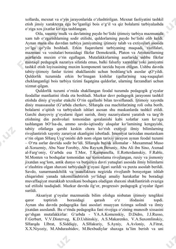 ayyorlash xamda maktabdan tashqari ta’lim kabi turlarga bo‘linadi. tarbiya nazariyasi – pedagogikaning muxim tarkibiy qismlaridan biri bo‘lib, tarbiya jarayoni mazmuni, shakl, metod, vosita va usullari, uni tashkil etish muammolarini o‘rganadi. tarbiya muayyan, aniq maqsad xamda ijtimoiy-tarixiy tajriba asosida yosh avlodni har tomonlama o‘stirish, uning ongi, xulq-atvori va dunyoqarashini tarkib toptirish jarayonidir. ijtimoiy tarbiya aqliy, axloqiy, jismoniy, mexnat, estetik, iqtisodiy, xuquqiy, ekologik va jinsiy tarbiya kabi yo‘nalishlarda tashkil etiladi. ijtimoiy tarbiya va uning bosqichlari. insoniyatning yashash uchun kurashish va turli tabiiy ofatlardan ximoyalanish yo‘lida olib borgan harakatlari tarbiya g‘oyalarining shakllanishiga asos bo‘lib xizmat qilgan. ibtidoiy jamoa tuzumida odamlarning gurux-gurux bo‘lib xayot kechirishi sababli bolalarga tirikchilik o‘tkazish yo‘lidagi faoliyat (o‘simlik mevalari, ildizlarini terish, xayvonlarni ovlash)ni tashkil etish borasidagi tajribalarni o‘rgatish gurux a’zolari tomonidan birdek amalga oshirilgan. bilimlar, aksariyat xollarda, mexnat va o‘yin jarayonlarida o‘zlashtirilgan. mexnat faoliyatini tashkil etish jinsiy xarakterga ega bo‘lganligi bois o‘g‘il va qiz bolalarni tarbiyalashda o‘ziga xos jixatlar ko‘zga …