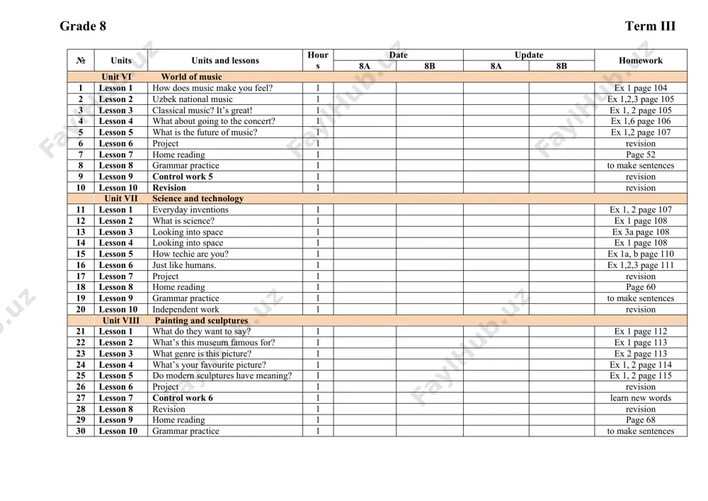 grammar practice 1 to make sentences grade 8 term iv № units units and lessons hours date update homework 8a 8b 8a 8b unit ix the environment 1 lesson 1 mother nature 1 ex 1 page 116 2 lesson 2 mother nature 1 ex 2 page 116 3 lesson 3 what are the alternative sources to fossil fuels? 1 ex 1 page 116 4 lesson 4 our green planet 1 ex 1 page 117 5 lesson 5 our green planet 1 ex 2 page 117 6 lesson 6 global climate change 1 ex 1,2,3 page 117 7 lesson 7 how can we help improve the world? 1 ex 1 page 117 8 lesson 8 project 1 revision 9 lesson 9 home reading 1 page 76 10 lesson 10 grammar practice 1 to make sentences 11 lesson 11 control work 7 1 learn new words 12 lesson 12 revision 1 revision …