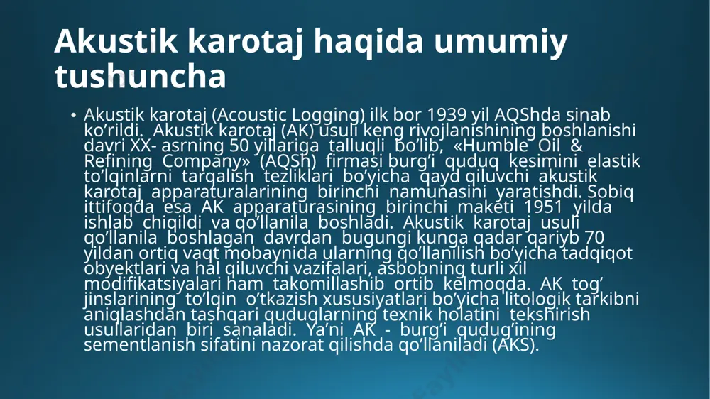 hgan geologik tuzilmalarni aniqlash imkoniyatiga ega bo'lgan quduq akustik aks ettirish tasviridir. boshqa ishlanmalar yuqori texnologiyali ultratovush usullarini o'z ichiga oladi, ular korpusli teshiklarda tsement bog'lanishining holatini baholash uchun ishlatilishi mumkin. muxtasar qilib aytganda, akustik karotaj ilg'or ilovalar bilan keng maydonga aylandi. biroq, akustik quduqlarni kesish bo'yicha eng so'nggi kitoblar 16 yildan ko'proq vaqt oldin nashr etilgan (paillet va cheng 1991; tang va cheng 2004) va bu yangi ishlab chiqilgan texnologiyalarning barchasini qamrab olmaydi. kitoblardagi bu bo'shliqni yumshatish uchun ushbu kitob murakkab quduqlar va o'lchov geometriyalari natijasida paydo bo'ladigan to'lqin shakllarini tasavvur qilish va tushunishga yordam berish uchun quduq ichidagi va uning atrofidagi to'lqinlarning keng raqamli modellash misollaridan foydalangan holda akustik jurnalni chuqur ko'rib chiqadi. akustik karotajni dalillarini talqin qilish. ak diagrammalarini sifatli talqin qilib togʼ jinslarining gʼovakliligini aniqlash mumkin. bu diagrammalarni miqdoriy jihatdan talqin qilib geologik qatlamlardan elastik toʼlqinlarning o’tishining o’rtacha tezligi aniqlanadi 99-rasm. faza korelyatsion diagramma (fkd) yordamida …