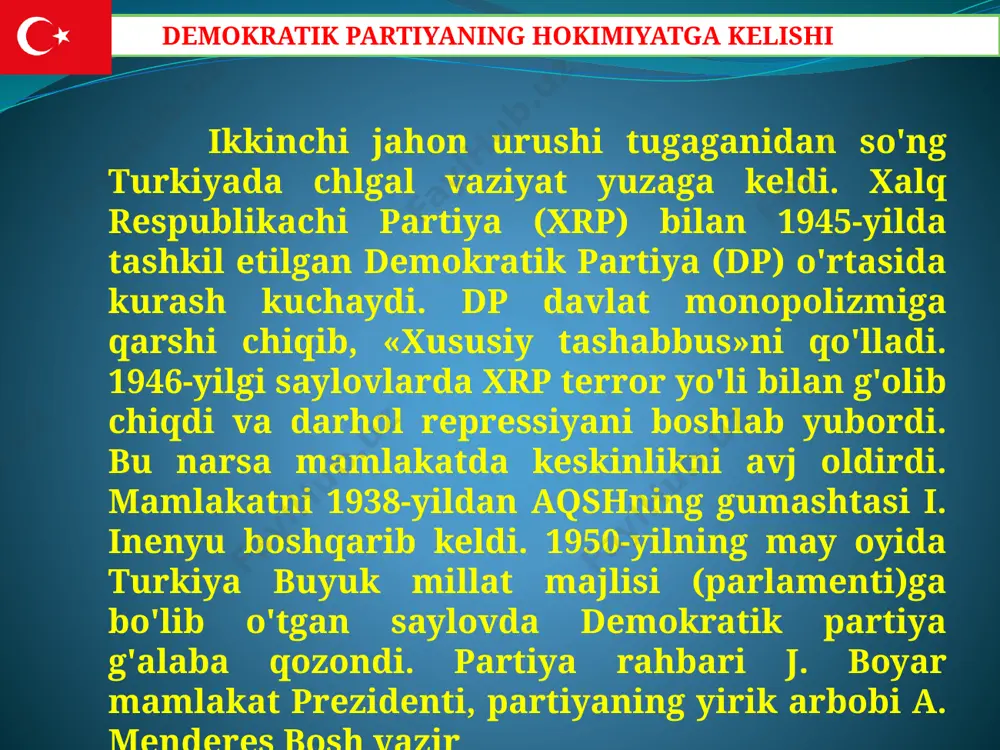 'lay olmasligini bildirdi. boyar- menderes hukumatidanko'pchilik norozi bo'ldi. mamlakatda korrupsiya, talon-toroj avj oldirilgan edi. 1960-yil may oyida harbiy to'ntarish bo'ldi. vositalari uchun qattiq senzura o'rnatildi. biroq yevropa ittifoqining aralashuvi bilan harbiylar yon berishga majbur bo'ldilar. mamlakatning yangi konstitutsiyasi qabul qilindi. siyosiy partiyalar faoliyatiga ruxsat etildi. natijada qator yangi partiyalar («vatan» partiyasi, «to'g'ri yo'l» partiyasi) tuzildi. «vatan» partiyasini t. o'zal, «to'g'ri yoi» partiyasini esa s.demirel boshqardi. 1983-yilda o'tkazilgan parlament saylovida «vatan» partiyasi g'alaba qozondi va t. o'zal bosh vazir lavozimini egalladi. 1989-yilda esa turkiya prezidenti lavozimiga saylandi. t. o'zal davrida mamlakatda chuqur iqtisodiy islohotlar o'tkazildi. chunonchi, 1986-yilda xususiylashtirish siyosiy partiyalar faoliyatiga ruxsat etilgach, ikkita yangi partiya tuzildi. ularning biri «adolat partiyasi», ikkinchisi esa «yangi turkiya partiyasi» deb ataldi. ayni paytda boshqa siyosiy partiyalar ham faoliyat ko'rsata boshladi. noyabr oyida o'tkazilgan saylovda hech bir partiya mutlaq ko'pchilik o'rin ololmaganligi uchun koalitsion hukumat tuzishga to'g'ri keldi. 1961—1965-yillar turkiyaning kelgusi taraqqiyot yo'li xususida keskin …