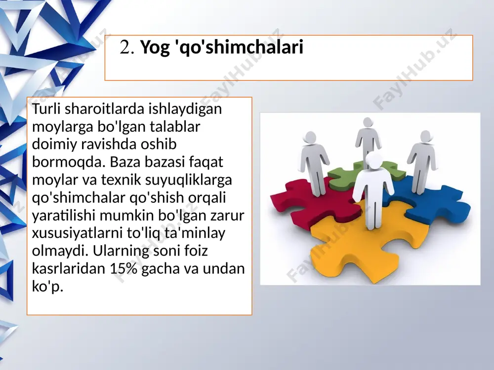 tsiyaning qish davriga alohida e'tibor berilishi kerak. avtomobilingizni isitiladigan garajda saqlaganingizda, barcha mavsumiy suyuqliklar yaxshi bo'ladi. narxlarga emas, balki sifat ko'rsatkichlariga e'tibor qaratish lozim. bundan tashqari, boshqa omillarni, xususan, dvigatelning ishlash muddatini hisobga olish kerak. iv.adabiyotlar ro`yxati: s. turobjonov, m. shoyusupova, b. abidov moylar ya maxsus suyuqliklar texnologiyasi 2.s.a.farmazov. ekspluatatsiya oborudovaniya neftepererabativayushix zavodov. izdat. ximiya. 2001 3.molokanov yu.k. protsessi i apparati neftegazo-pererabotki. moskva ximiya 1996 zavod reglamentlari. 10.internet;ziyo.net* e’tiboringiz uchun rahmat!!!!! image3.png image4.png image5.png image1.jpeg