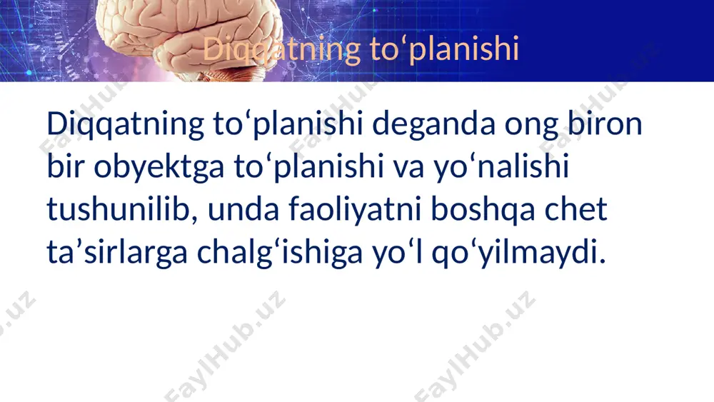 ning umumiy soni: n koʻrib chiыilnaye satrlarning umumiy soni: c белгиланиши lozim boʻlgan simvollar umumiy soni: n chizib tashlangan belgilarning umumiy soni: m toʻgʻri tanlangan simvollar:s oʻtkazib yuborilgan belgilar. r notoʻgʻri tanlangan belgilar. o this presentation uses a free template provided by fppt.com www.free-power-point-templates.com asosiy ko‘rsatkichlar диққат тезлигининг кўрсаткичи: (самарадорликка эътибор) a=n/t а-сониядаги белгилар. аниқлик кўрсаткичи (биринчи вариант): t1=m/n; т1 шартли бирликлари. аниқлик кўрсаткичи (иккинчи вариант) t2=s/n; т2 шартли бирликлари. аниқлик кўрсаткичи (уиппга кўра учинчи вариант) t3=(m-o)/(m+p); т3 шартли бирликлари. this presentation uses a free template provided by fppt.com www.free-power-point-templates.com natijalarni qayta ishlash aqliy samaradorlik koyeffitsiyenti e=n*t2; ye- belgilar. aqliy samaradorlik au=(n/t)*((m-(o+p))/n)); au soniyadagi belgilar. diqqatning kontsentratsiyasi (ajratilgan boʻlishi kerak boʻlgan belgilar orasidan toʻgʻri tanlangan belgilar foizi) k=((m-o)*100)/n; k foizda. diqqatning barqarorligi koʻrsatkichi ku=c*(c/(p+o+(1))) (agar xato va kamchiliklar boʻlmasa, boʻlinuvchiga bir qoʻshing) ku shartli birliklar. koʻrish maъlumotlarning hajmi (v) quyidagi formula bilan hisoblanadi: v = 0.5936 * n *, bu …