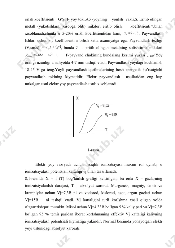 10(vj odatdagi elektr payvandlash yoy ustunida vj=5(10v ga teng bo’lgan metall parlari mavjudligi inobatga olinsa, payvandlash yoyidagi xarorat 5000 - 8000 k ni tashqil qilishshi extimoldan yirok emas. 8.3. m.matbabaevning ta‘kidlashicha, payvandlash qurilmarning asosiy tavsifi, tashqi tavsifi bo’lib, ushbu tavsifi o’zidan manba kuchlanishi bilan yuklamadagi tok o’rtasidagi bog’lanishni ifodalaydi. uz urnida payvandlash yoyi o’zidan yuklamani ifodalab, yoy kuchlanishi bilan payvandlash toki o’rtasidagi bog’lanish - statik tavsifi bilan tavsiflanadi. kattik tavsifi (1) ga ega bo’lgan yoy tok manbasining tashqi tavsif (2,3) lari 1- rasmda keltirilgan. kattik statik tavsifi (1) ga ega bo’lgan dastaki elektr yoy payvandlash qurilmasi manbasining tashqi tavsifi (2) yumshok pasayuvchan bo’lishi lozim. tashqi tavsifi ishchi zonasidan krutiznasi(kiyaligi) kancha katta bo’lsa (k nuktasi) yoy uzunligining ancha-muncha uzgarishi oqibatidagi tokning uzgarishi shuncha kam bo’ladi. 1-rasm. umuman elektr yoy payvandlash qurilmalarining tok manbalariga kuyidagi talablar kuyiladi: 1.manba tashqi tavsifi va yoy statik tavsifining bir - biriga to’g’ri kelishi. 2. salt yurish …