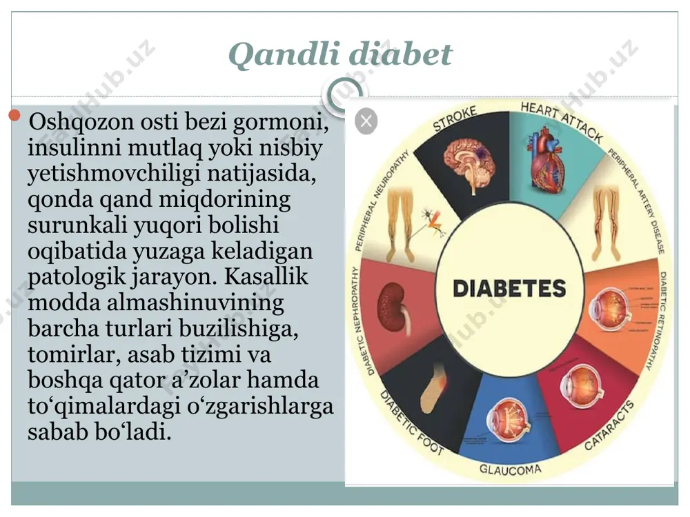 hi ahamiyatga ega. klinik manzarasi asosiy: poliuriya - bu glyukozaning yuqorligi sababli siydik osmotik bosimini ko‘tarilishi natijasida uning ajralishini keskin ko‘payishi; polidipsiya - doimiy chanqoqlik hissi. ko‘p miqdorda siydik ajralishi va qonning osmotik bosimi ko‘tarilishi tufayli vujudga keladi; polifagiya - doimiy ochlik hissi- hujayralarning glyukozani qabul qilish va ishlab chiqarish xususiyatini yo‘qotishi bilan bog‘liq; ozib ketish (ayniqsa birinchi tip qandli diabetda) - diabetning ko‘p uchraydigan belgilaridan biri bo‘lib, bemorlarda ishtaha yuqori bo‘lishiga qaramasdan rivojlanadi. ba’zan kaxeksiya darajasigacha ozib ketish oqsillar hamda yog‘laming yuqori katabolizmi tufayli yuzaga keladi va hujayralarda energiya almashinuvida glyukozaning qatnashmasligi sababli kelib chiqadi. ikkilamchi belgilari kasallikni 2 - tipida klinik belgilar sekin - asta namoyon bo‘ladi va ba’zan bemorlar dermatolog yoki ginekolog maslahatiga zamburug1 kasalliklari, chipqon va tashqi jinsiy a’zolar sohasidagi qichishishlar bilan murojaat qilganda aniqlanadi. 2 - tip qandli diabetning ikkilamchi belgilari uzoq vaqt davomida sekin - asta rivojlanib ularga quyidagilar kiradi: teri va shilliq qavatlaming …