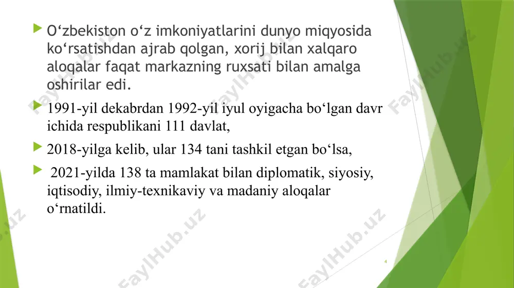kilotga aʼzoligini bekor qildi. 12 rossiya federatsiyasi bilan mustaqillik yillarida bo‘layotgan o‘zaro manfaatli va teng huquqli hamkorlik yaxshi samara berayotganini taʼkidlab o‘tish joizdir. bu ikki mamlakat o‘rtasida 1992-yil o‘rnatilgan diplomatik aloqalardan so‘ng siyosiy, iqtisodiy sohalarda 150 dan ortiq shartnomalar imzolandi. 2003-yilning avgustida ikki mamlakat prezidentlarining navbatdagi uchrashuvi samarqand shahrida bo‘lib o‘tdi. unda rossiyaning “gazprom” va “lukoyl” kompaniyalarining o‘zbekistonda neft va gaz manbalarini qidiruv yuzasidan ishlayotgan korxonalarini texnik jihatdan qayta qurish masalalari muhokama qilindi. ikki davlat o‘rtasidagi tovar almashuv 2002-yili bir milliard аqsh dollarini tashkil etgan 13 2004-yili rossiya va o‘zbekiston o‘rtasidagi munosabatlar yanada mustahkamlandi. shu yili ikki davlat prezidentlari jami yetti marta uchrashdi. o‘zbekistonga 32 marotaba rossiya hukumati delegatsiyalari tashrif buyurdi, shu jumladan, rossiya davlati xavfsizlik kengashining raisi, mudofaa, tashqi ishlar, transport vazirlari o‘zbekistonlik davlat rahbarlari bilan muhim masalalar bo‘yicha bitimlar tuzdi. shu yili 16 iyunda ikki davlat o‘rtasida strategik hamkorlik to‘g‘risida bitim tuzildi. bunda siyosiy, harbiy, harbiy-texnika, iqtisodiy-ijtimoiy va …