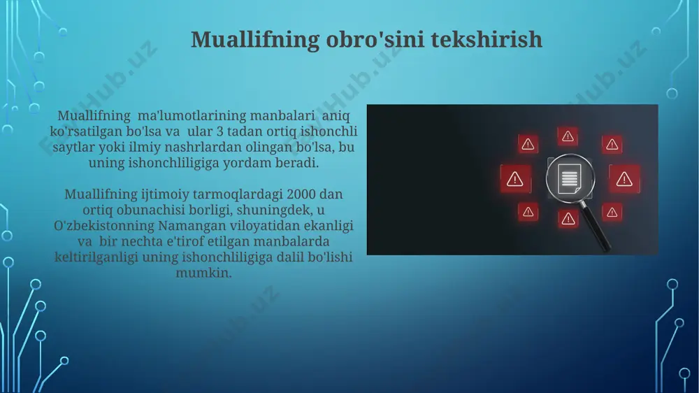 tlarning tarqalishini tahlil qilish 2022 йилдаги тадқиқотлар кўрсатишича, ўзбекистоннинг ижтимоий тармоқларидаги noto'g'ri ma'lumotlarning 70%и чет эл манбаларидан келиб чиққан ва бу маълумотларнинг 30%и сиёсий мазмунда бўлган. самарқанд вилоятидаги 2021 йилги таҳлиллар, noto'g'ri ma'lumotларнинг тез тарқалишидаги "clickbait" усуллари ва эмоционал тилнинг ролини аниқлади, бундай хабарларнинг 85%и 24 соат ичида юз минглаб кўришларга эга бўлган. dalillar va faktlarni tekshirish 2023-yilgi tadqiqotlar shuni ko'rsatdiki, o'zbekistonning ayrim hududlarida tarqalgan dezinformatsiyaning 35 foizi rasmiy manbalardan olingan ma'lumotlarning noto'g'ri talqini hisoblanadi. fact-checking veb-saytlari, masalan, "stopfake" kabi platformalar, ukraina va rossiya o'rtasidagi voqealar bo'yicha 1000 dan ortiq yolg'on ma'lumotlarni aniqlash va rad etishga muvaffaq bo'lishgan. rasmlar va videolarni tekshirish video va rasmlardagi vizual tafsilotlarni, masalan, fon, ob-havo sharoitlari, kiyim-kechak va ob'ektlarni diqqat bilan tahlil qilish orqali, 2022 yilda xitoyda sodir bo'lgan voqeaga oid 15 ta soxta videoni aniqlashga muvaffaq bo'lindi. rasmlar va videolarning metadata ma'lumotlarini, masalan, yaratilish sanasi va joylashuvi (gps koordinatalari) kabi ma'lumotlarni tekshirish orqali, 2023 …