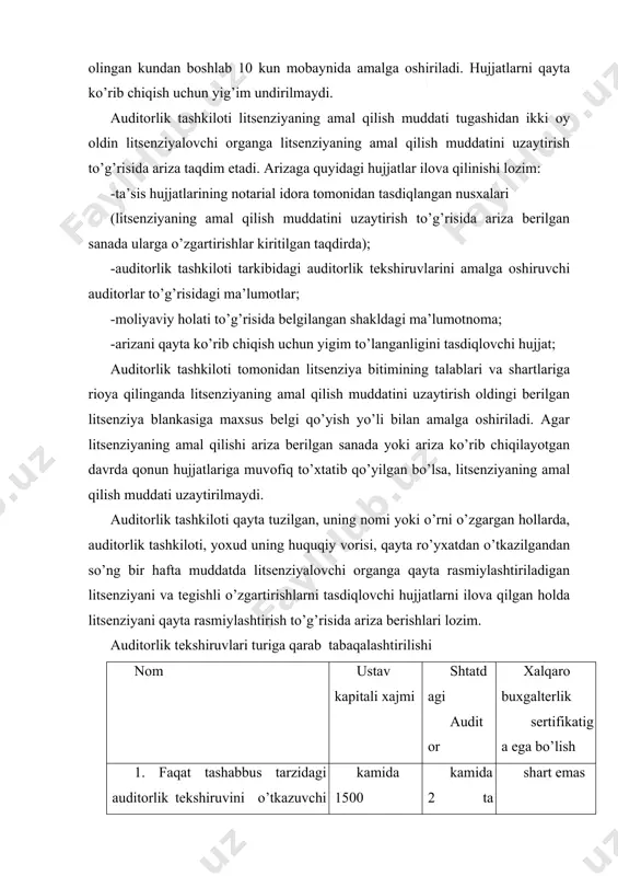 ub’ektlarda (ustav kapitali 500 mln so’mdan ortiq bo’lgan ochiq turdagi aktsiyadorlik kompaniyalari, banklar va sug’urta tashkilotlaridan tashqari) tashabbus va majburiy auditorlik tekshiruvini o’tkazuvchi auditorlik tashkilotlari,. kamida 3000 ekih kamida 4 ta auditor kamida 1 ta auditorda 3. barcha turdagi xo’jalik yurituvchi sub’ektlarda auditorlik tekshiruvini o’tkazuvchi auditorlik tashkilotlari. kamida 5000 ekih kamida 6 ta auditor kamida 2 ta auditorda hujjat litsenziyalovchi organga auditorlik tashkiloti tomonidan bevosita, yoxud hujjatlar olinganligini bildirib qo’yish sharti bilan pochta aloqasi vositasi orqali etkazib beriladi. litsenziyani qayta rasmiylashtirish to’g’risidagi qaror tegishli ariza olingan kundan boshlab besh kun muddatda litsenziyalovchi organ tomonidan qabul qilinadi. bunda litsenziyalovchi organ litsenziyalar reestriga tegishli tarzda o’zgartirishlar kiritadi. amal qilish muddati tugamagan yo’qotib qo’yilgan yoki yaroqsiz holga kelib qolgan litsenziya o’rniga, auditorlik tashkilotining arizasiga ko’ra, qonun hujjatlarida belgilangan tartibda dublikat berilishi mumkin. bunday hollarda auditorlik tashkiloti yo’qotib qo’yilgan yoki yaroqsiz holga kelib qolgan litsenziyaning haqiqiy emasligi to’g’risida ommaviy axborot vositalarida e’lon qilishi, shuningdek, …